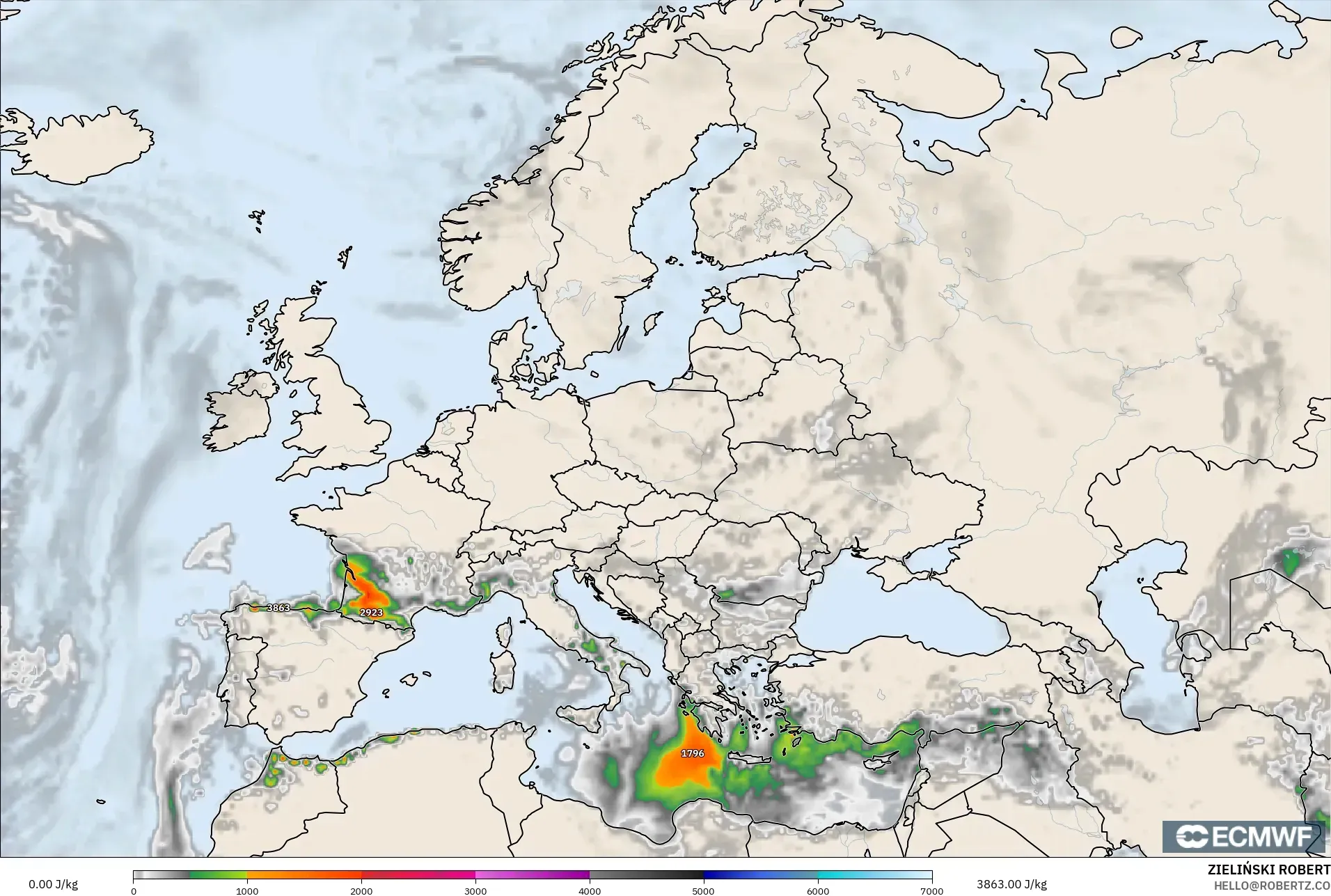 ECMWF IFS 0.25° modelo - Europa, CAPE