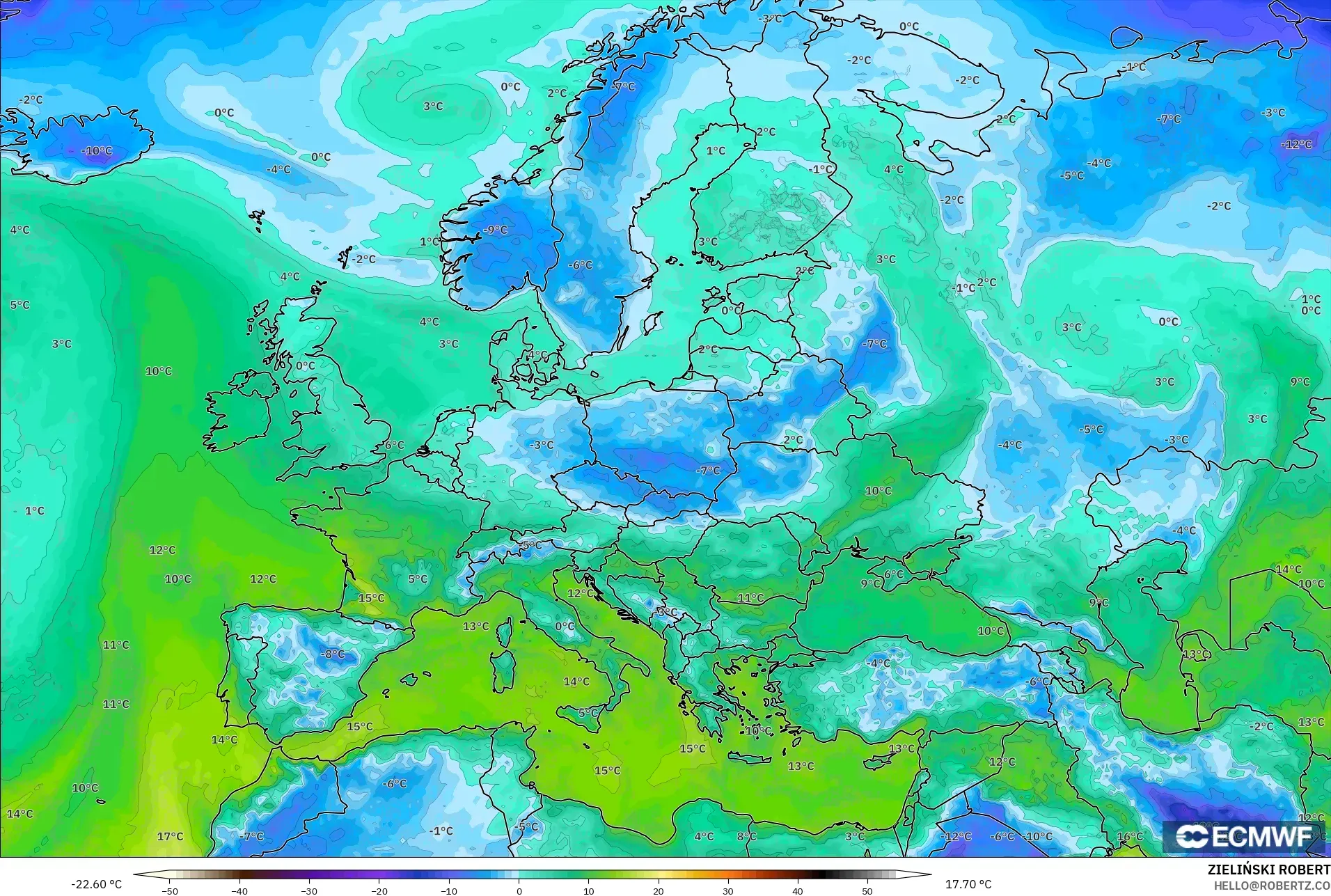 ECMWF IFS 0.25° modelo - Europa, Punto de rocío a 2 m
