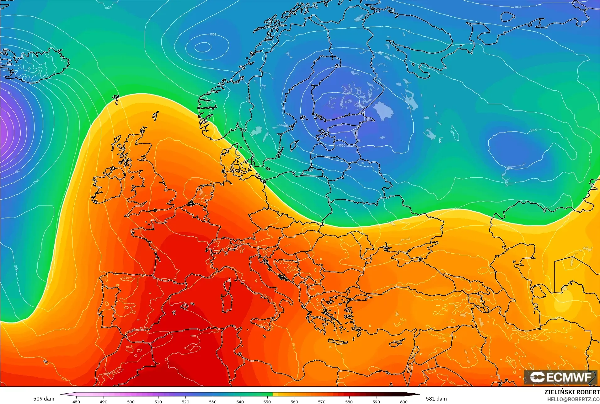 ECMWF IFS 0.25° modelo - Europa, Altura geopotencial a 500 hPa