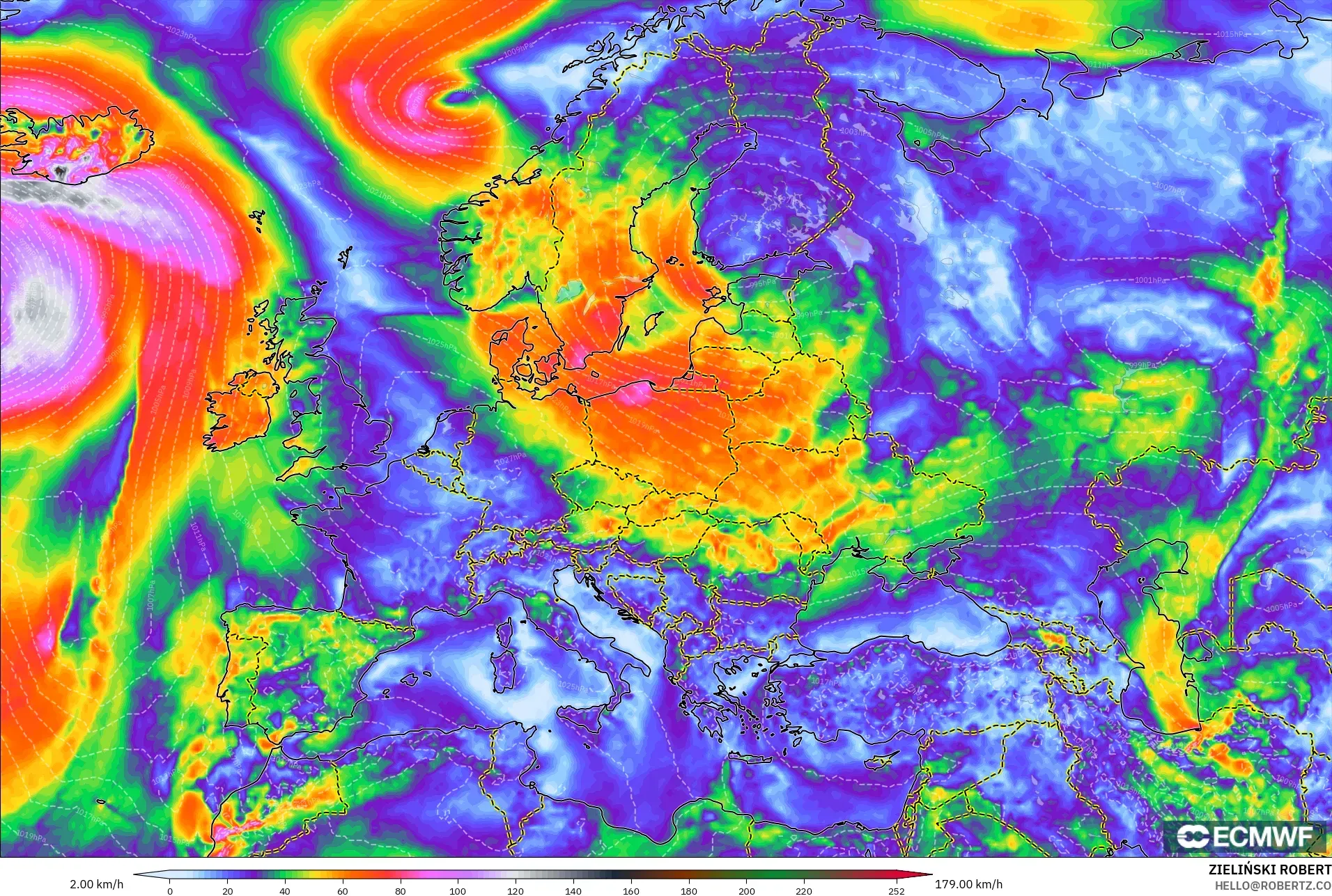 ECMWF IFS 0.25° modelo - Europa, Ráfagas de Viento Máximas