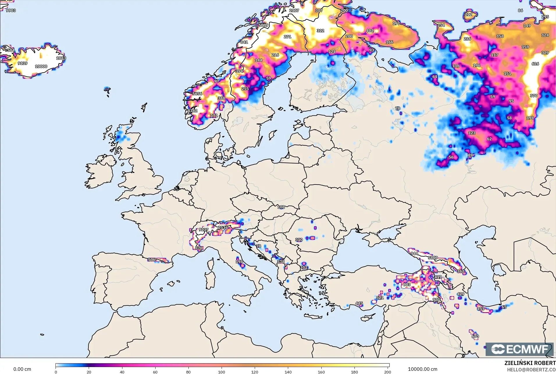 ECMWF IFS 0.25° modelo - Europa, Profundidad de nieve
