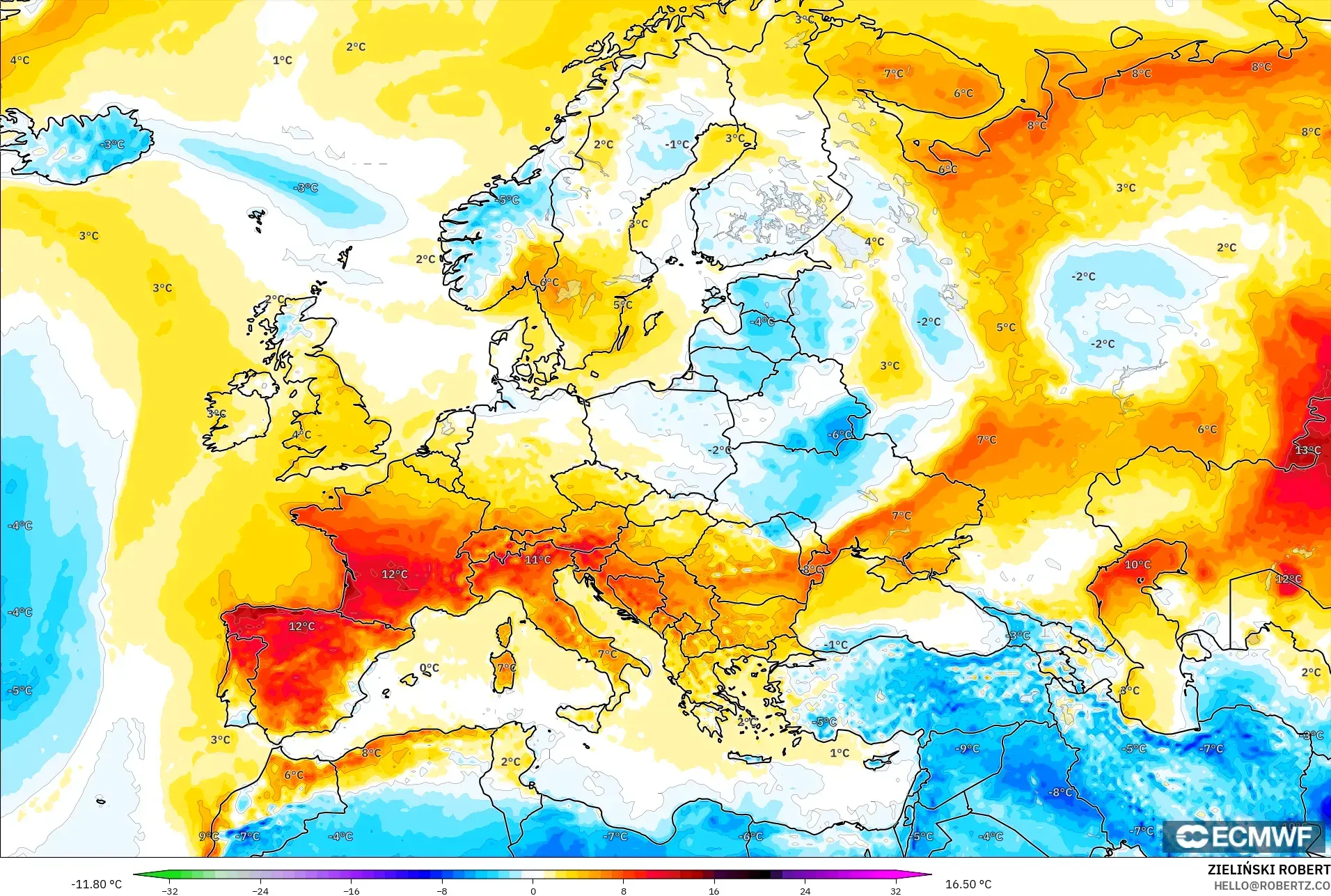 ECMWF IFS 0.25° modelo - Europa, Anomalía de temperatura a 2 m