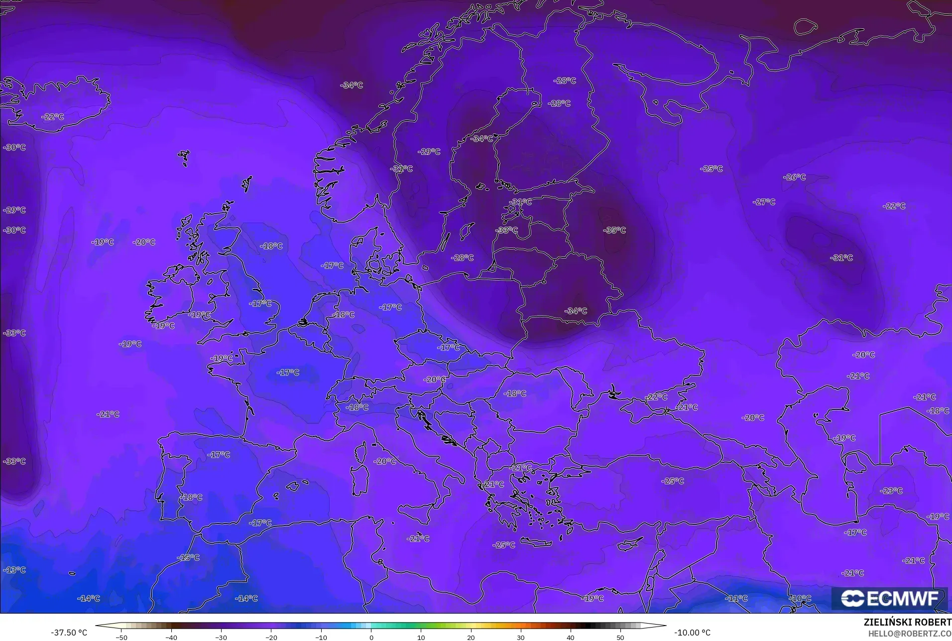 ECMWF IFS 0.25° modelo - Europa, Temperatura a 500 hPa