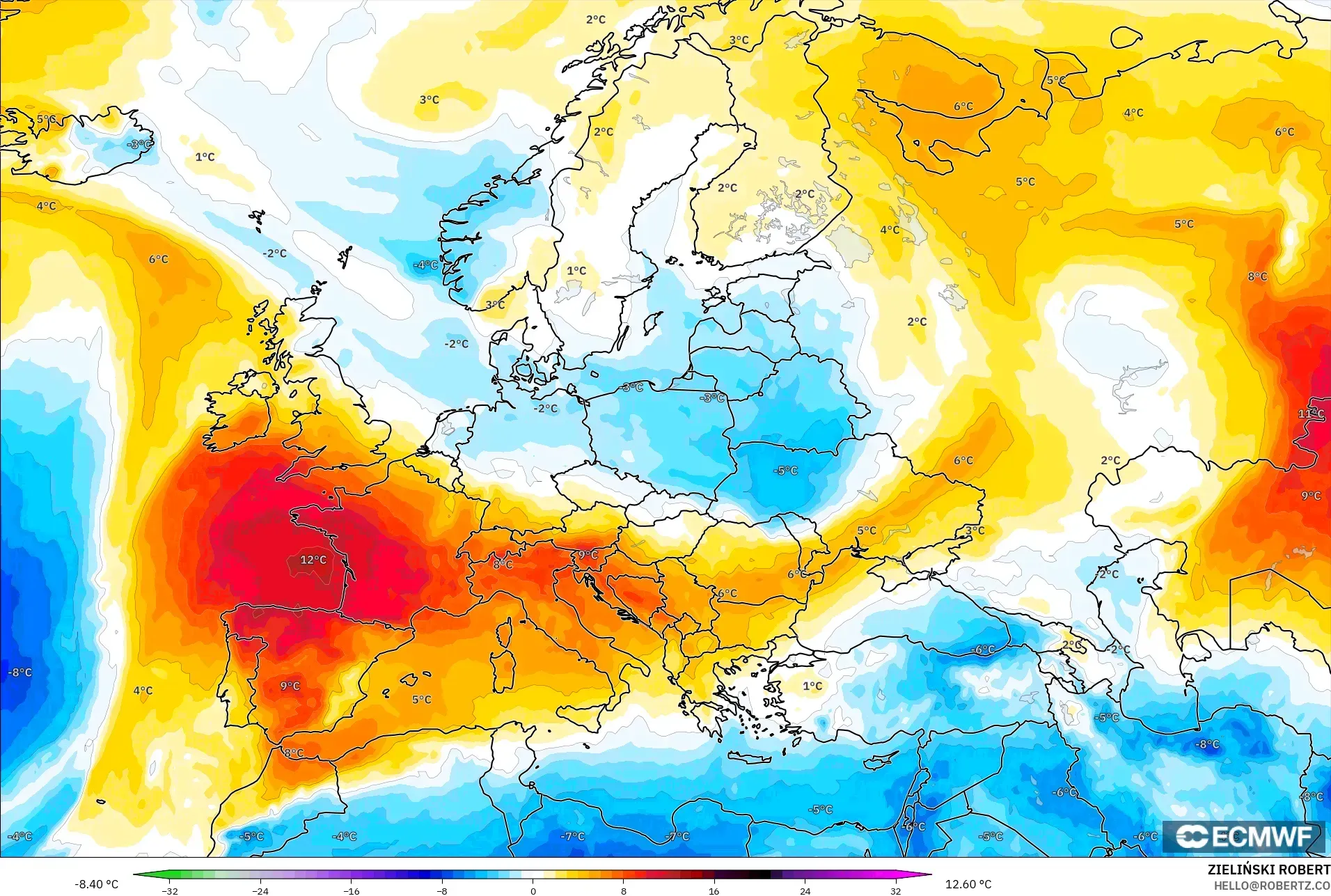 ECMWF IFS 0.25° modelo - Europa, Anomalía de temperatura a 850 hPa