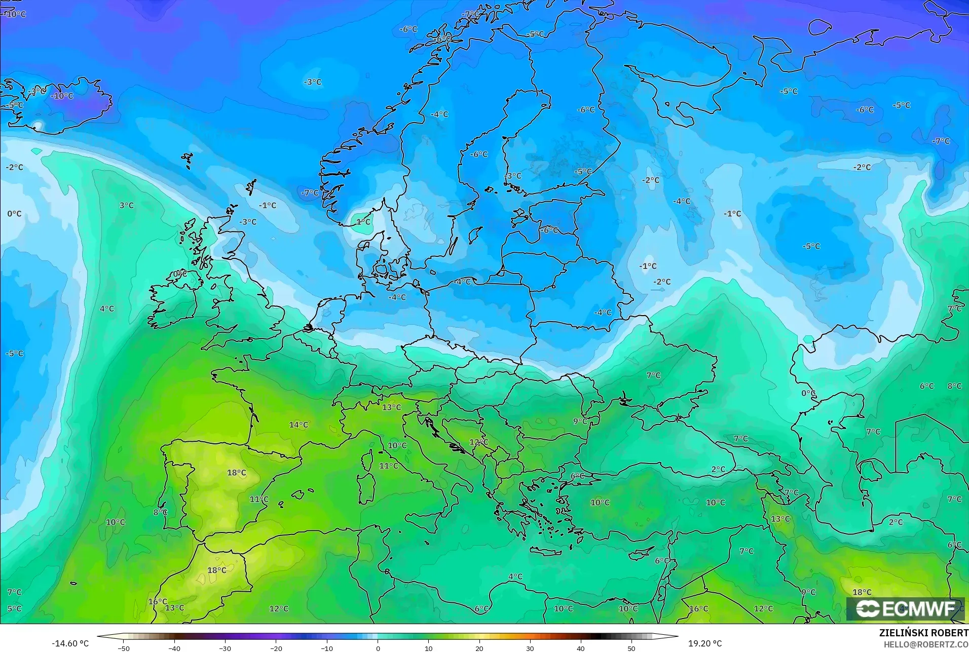 ECMWF IFS 0.25° modelo - Europa, Temperatura a 850 hPa