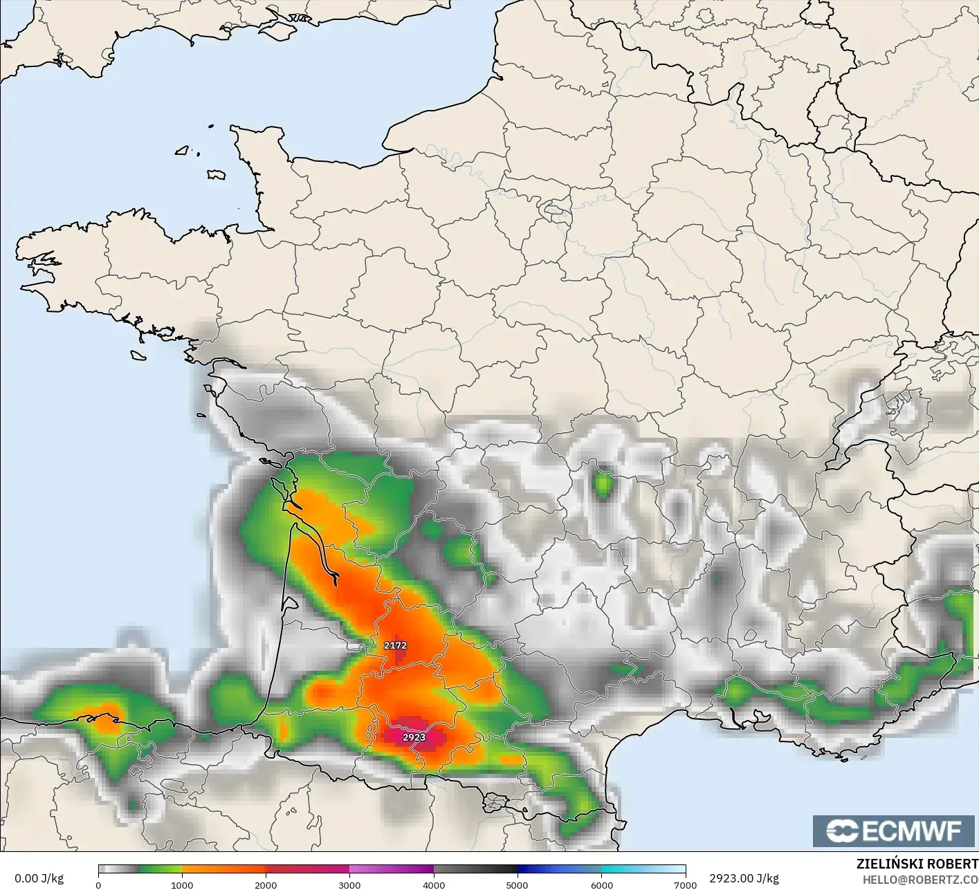 ECMWF IFS 0.25° modelo - Francia, CAPE