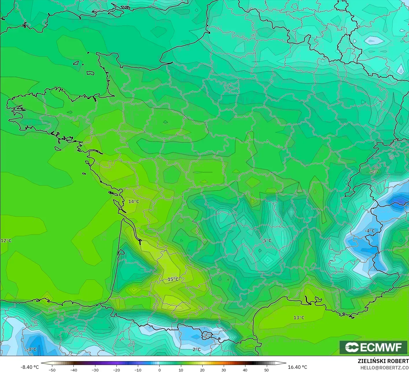 ECMWF IFS 0.25° modelo - Francia, Punto de rocío a 2 m