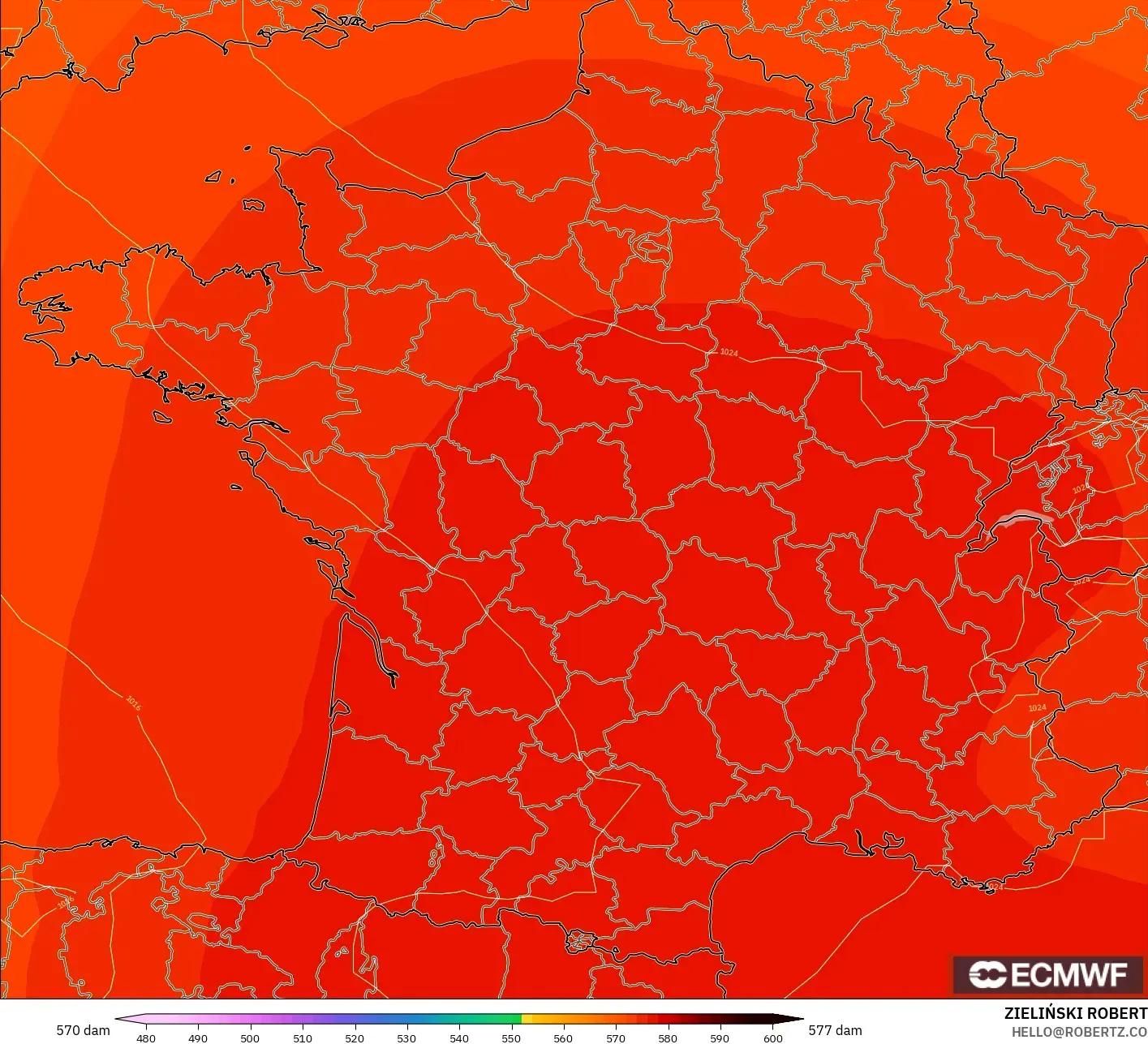 ECMWF IFS 0.25° modelo - Francia, Altura geopotencial a 500 hPa