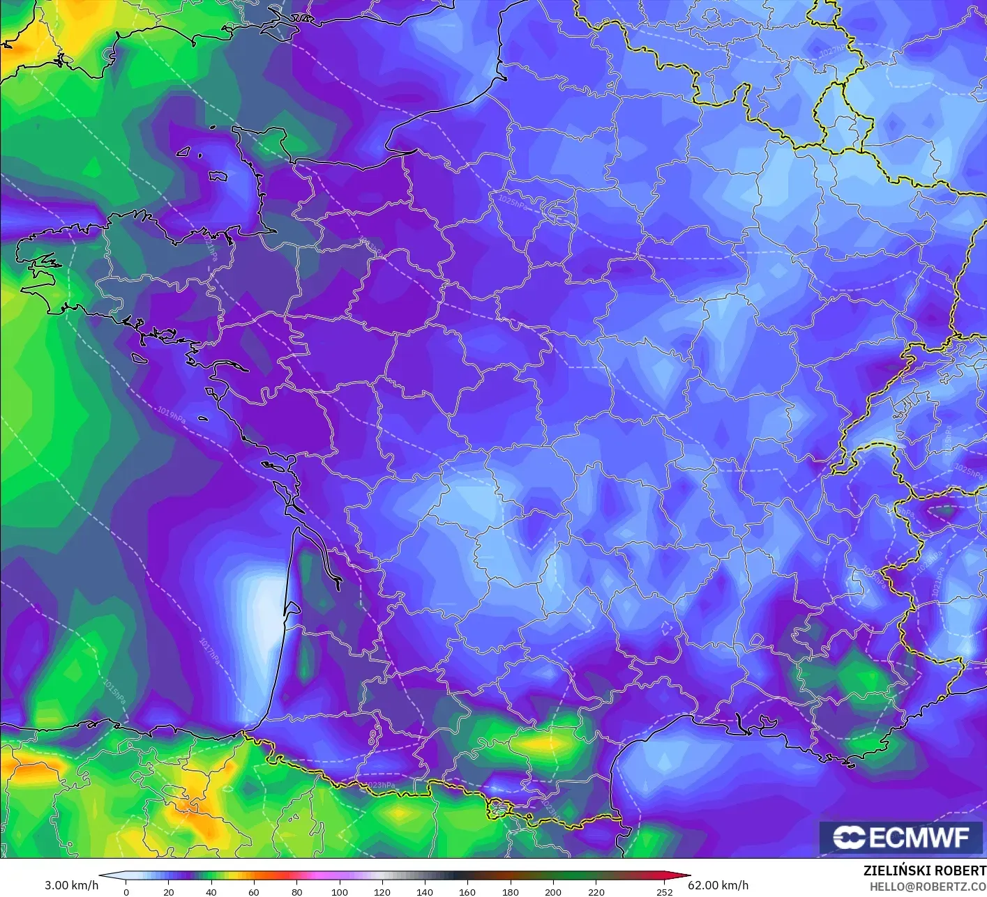 ECMWF IFS 0.25° modelo - Francia, Ráfagas de Viento Máximas