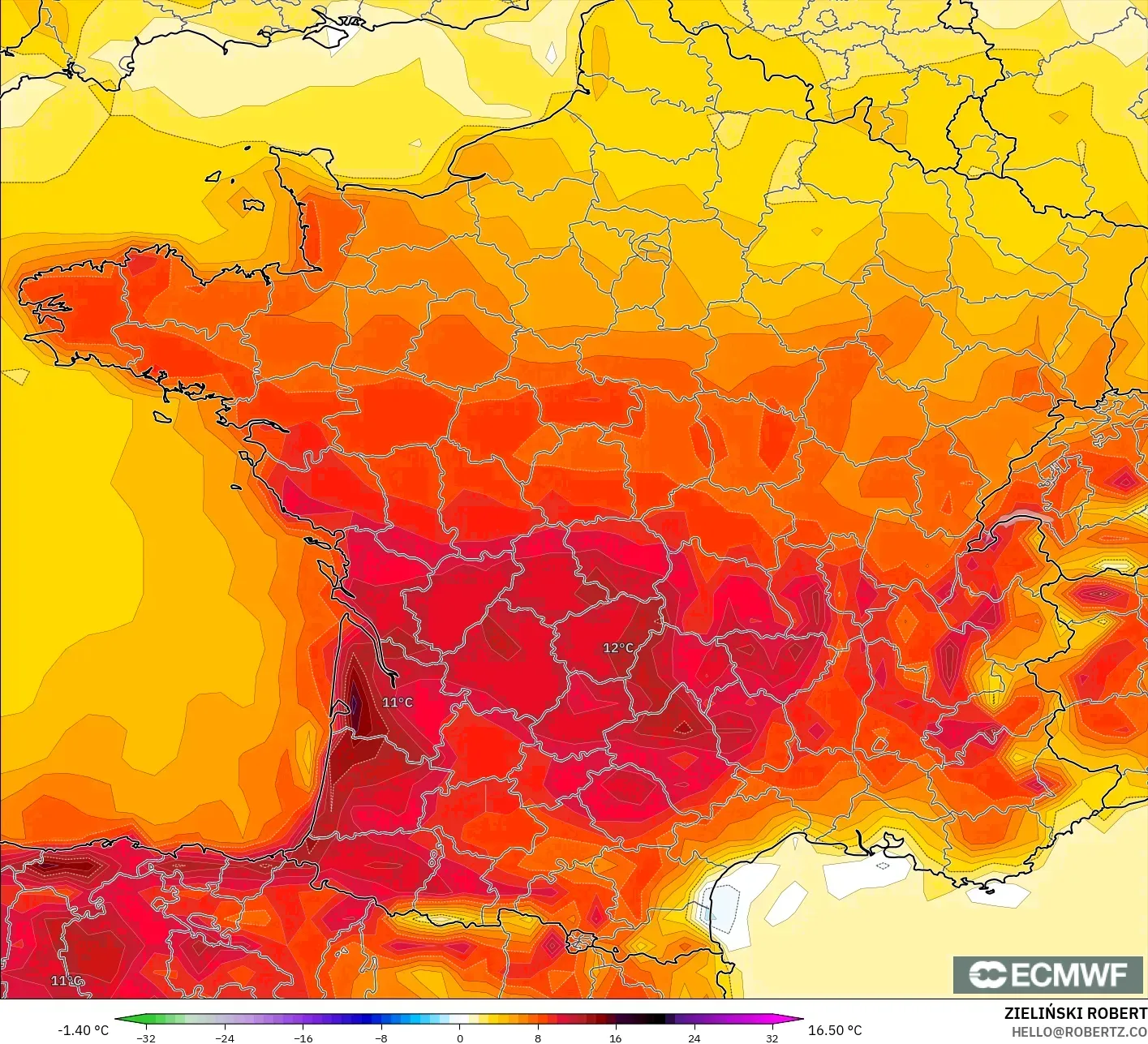 ECMWF IFS 0.25° modelo - Francia, Anomalía de temperatura a 2 m