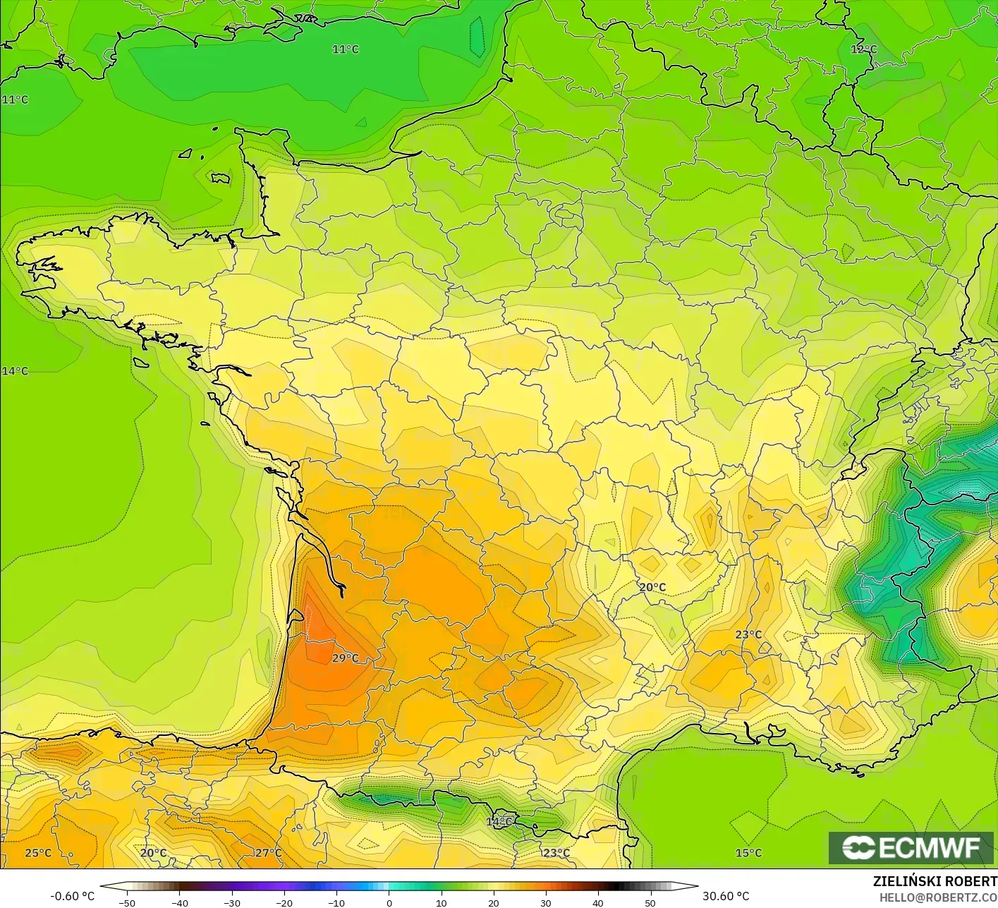 ECMWF IFS 0.25° modelo - Francia, Temperatura a 2 m