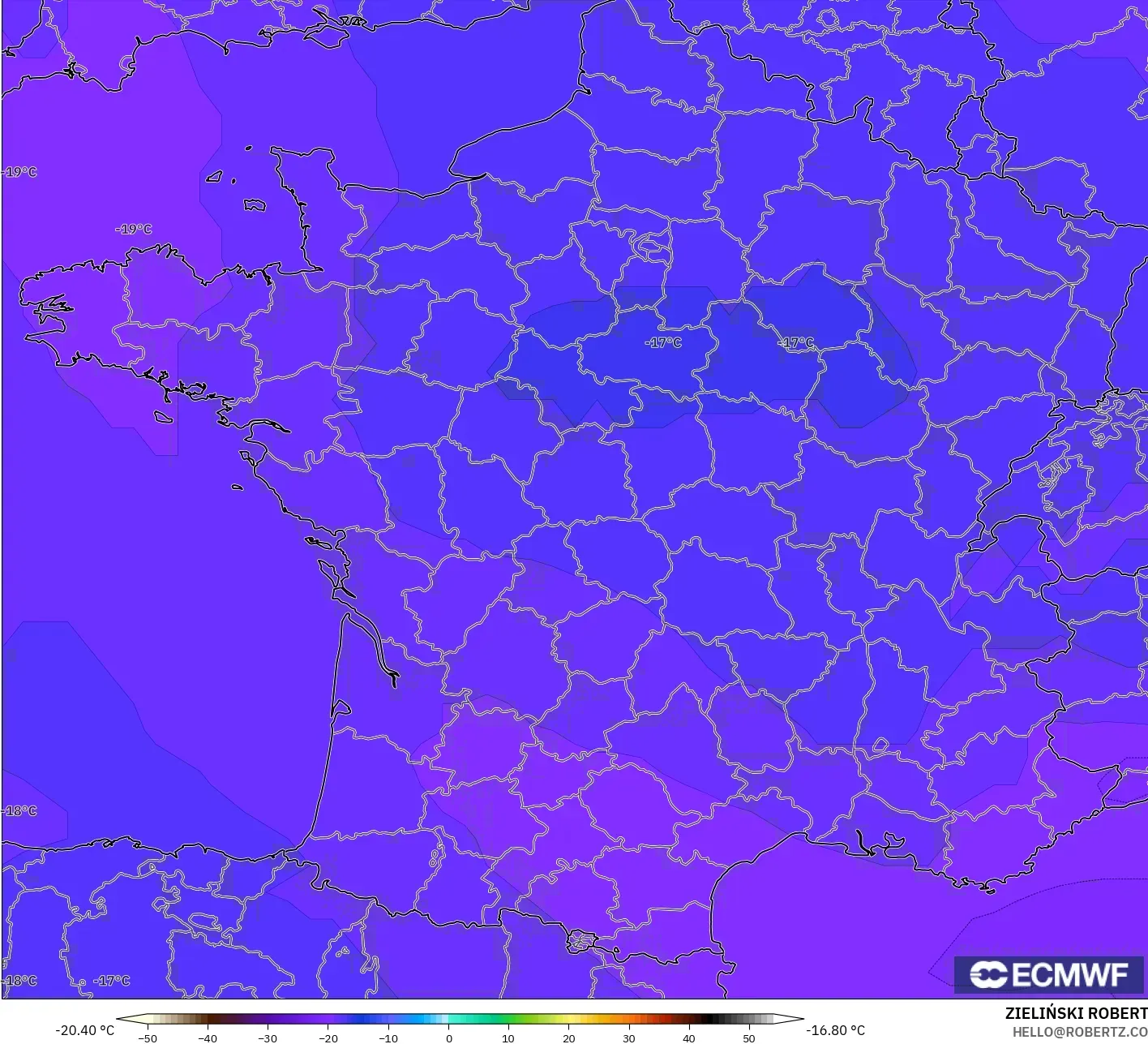 ECMWF IFS 0.25° modelo - Francia, Temperatura a 500 hPa