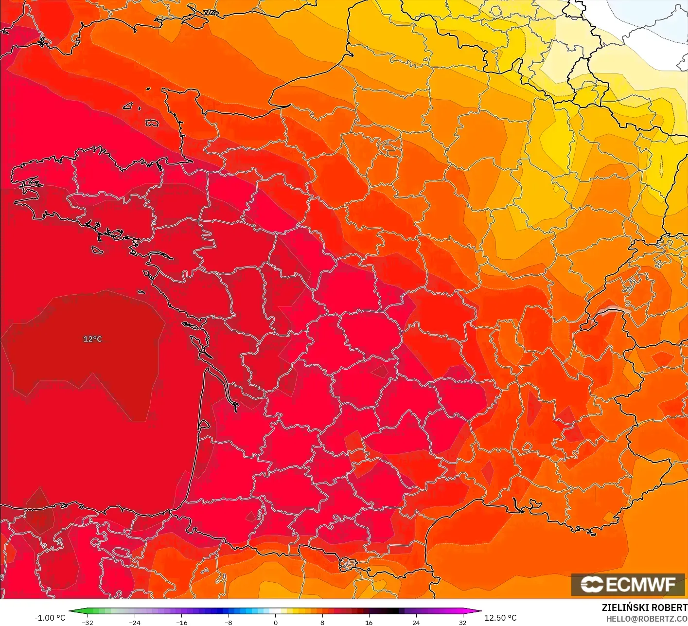 ECMWF IFS 0.25° modelo - Francia, Anomalía de temperatura a 850 hPa