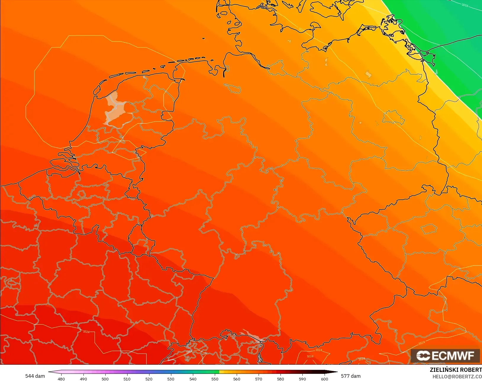 ECMWF IFS 0.25° modelo - Alemania, Altura geopotencial a 500 hPa