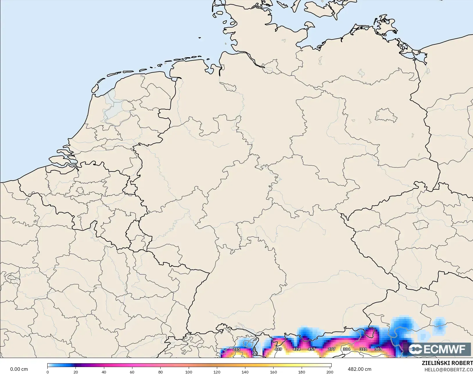 ECMWF IFS 0.25° modelo - Alemania, Profundidad de nieve