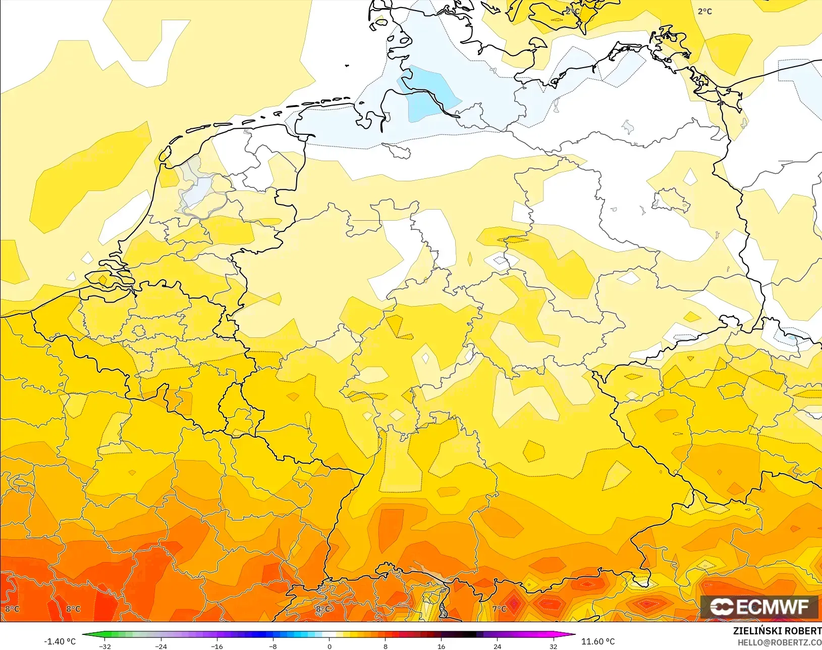 ECMWF IFS 0.25° modelo - Alemania, Anomalía de temperatura a 2 m