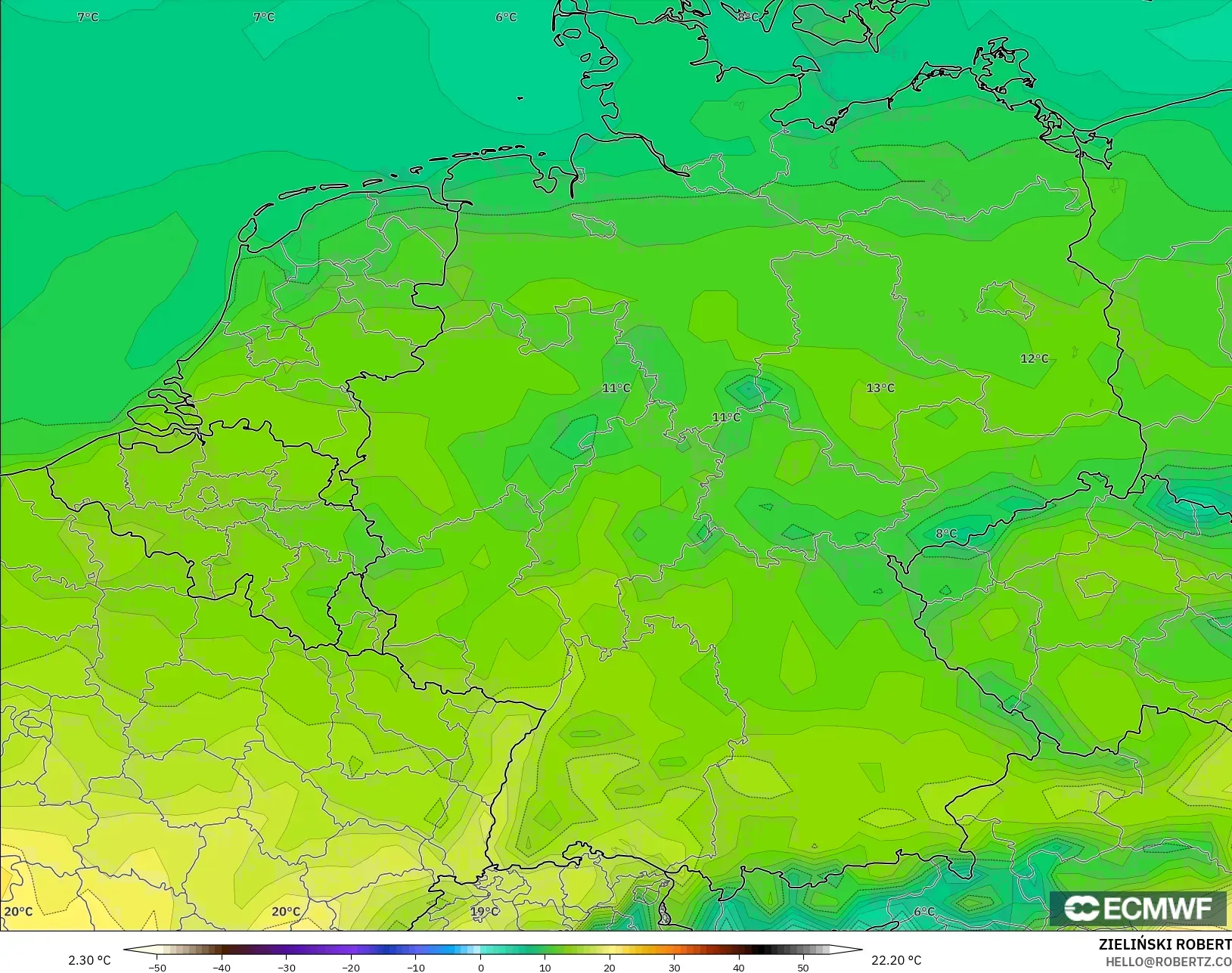 ECMWF IFS 0.25° modelo - Alemania, Temperatura a 2 m