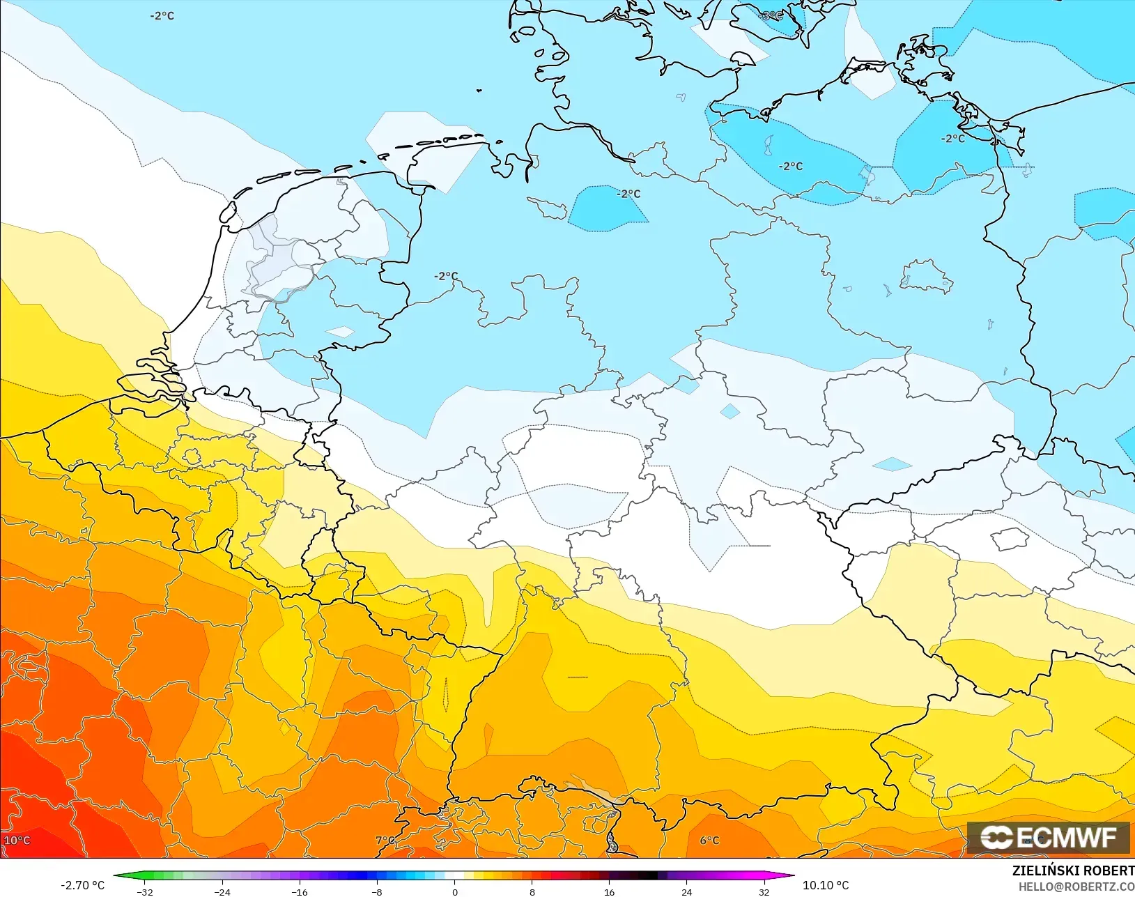 ECMWF IFS 0.25° modelo - Alemania, Anomalía de temperatura a 850 hPa