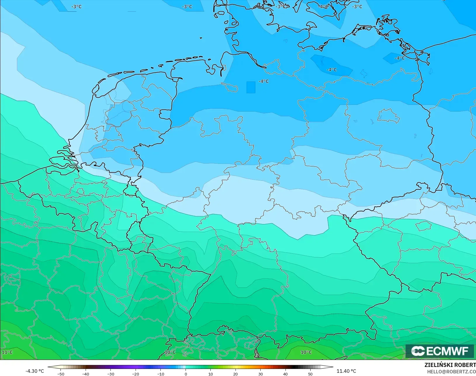 ECMWF IFS 0.25° modelo - Alemania, Temperatura a 850 hPa
