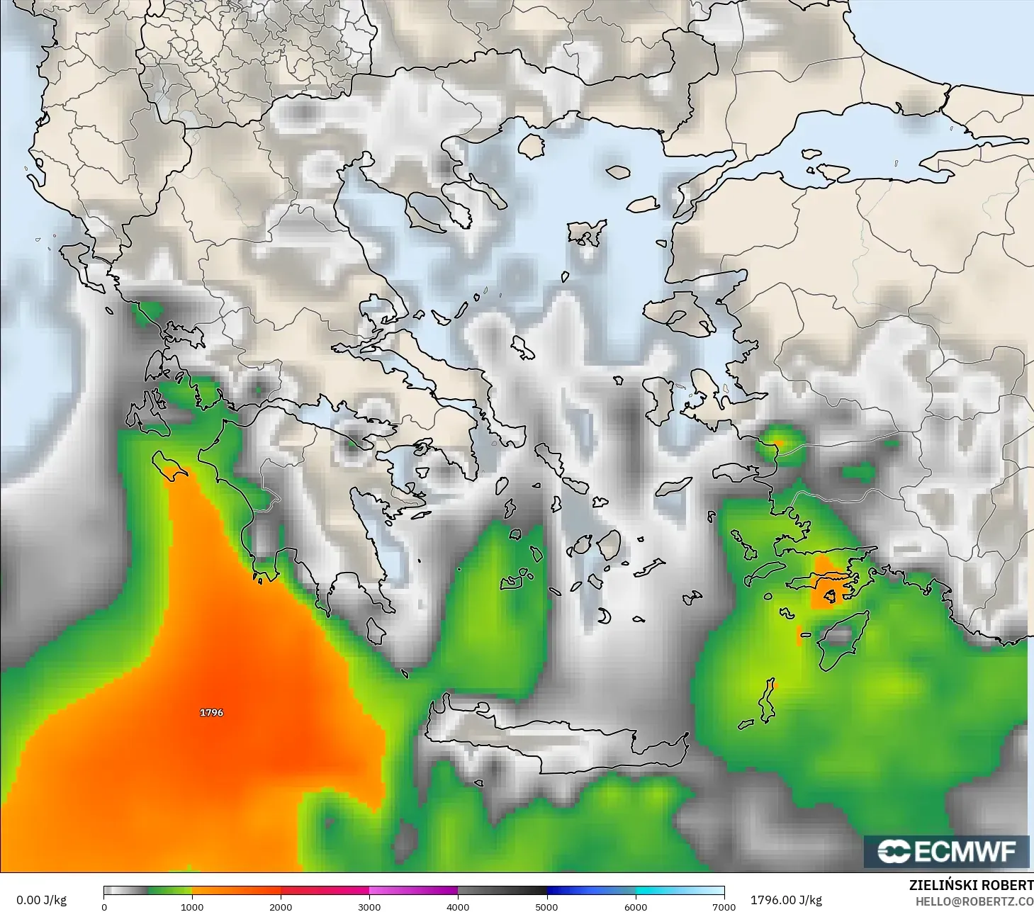 ECMWF IFS 0.25° modelo - Grecia, CAPE