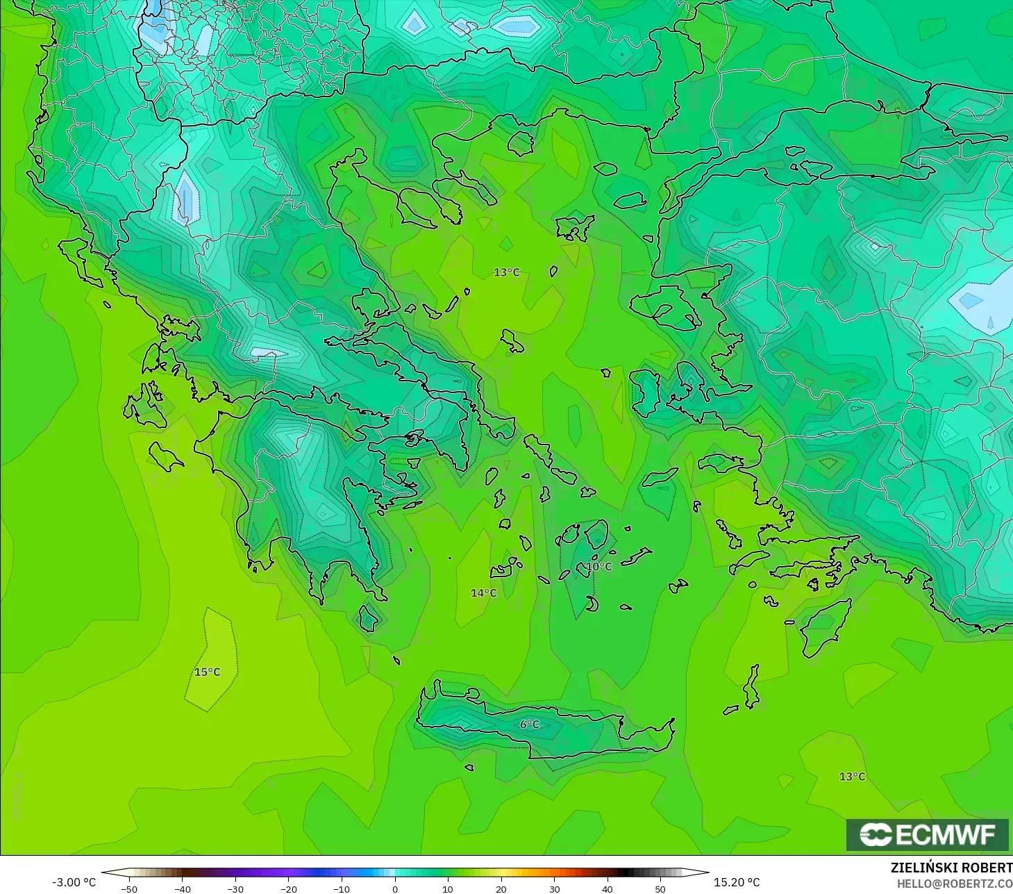 ECMWF IFS 0.25° modelo - Grecia, Punto de rocío a 2 m