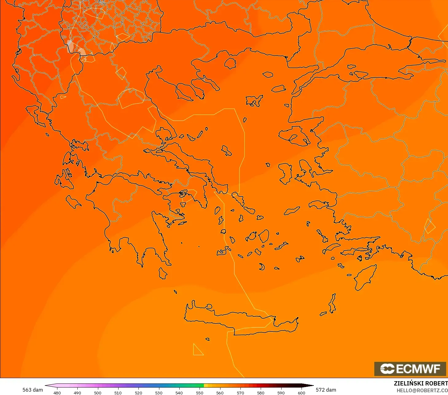ECMWF IFS 0.25° modelo - Grecia, Altura geopotencial a 500 hPa