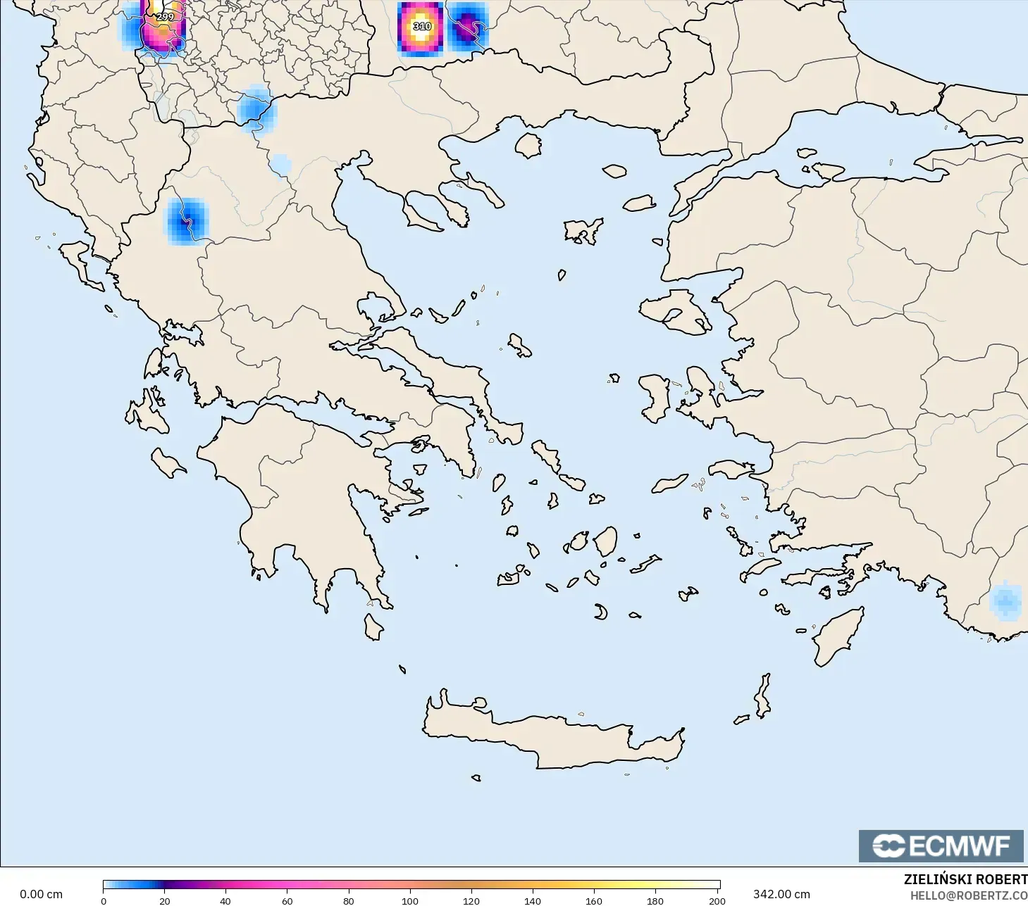 ECMWF IFS 0.25° modelo - Grecia, Profundidad de nieve