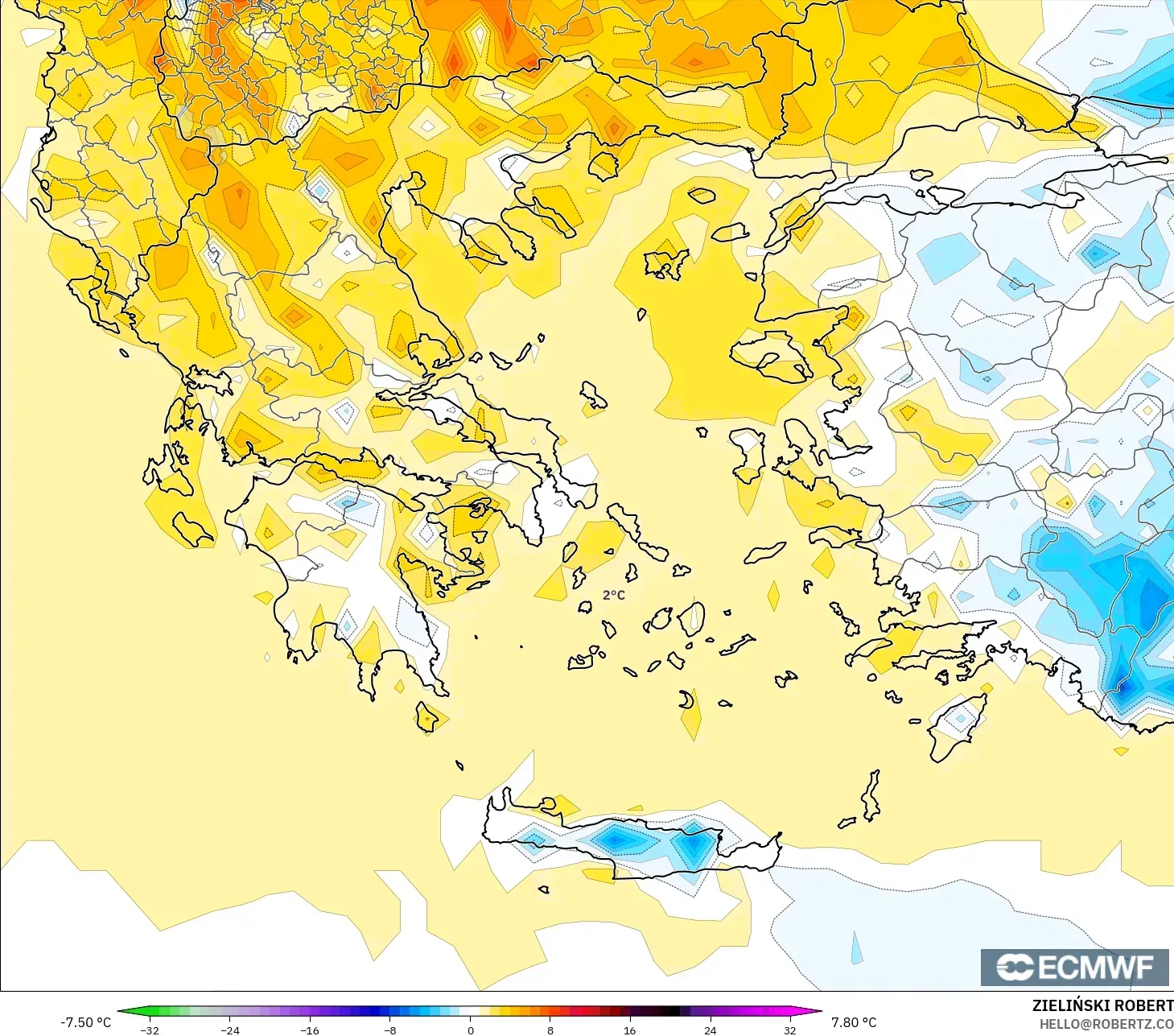 ECMWF IFS 0.25° modelo - Grecia, Anomalía de temperatura a 2 m