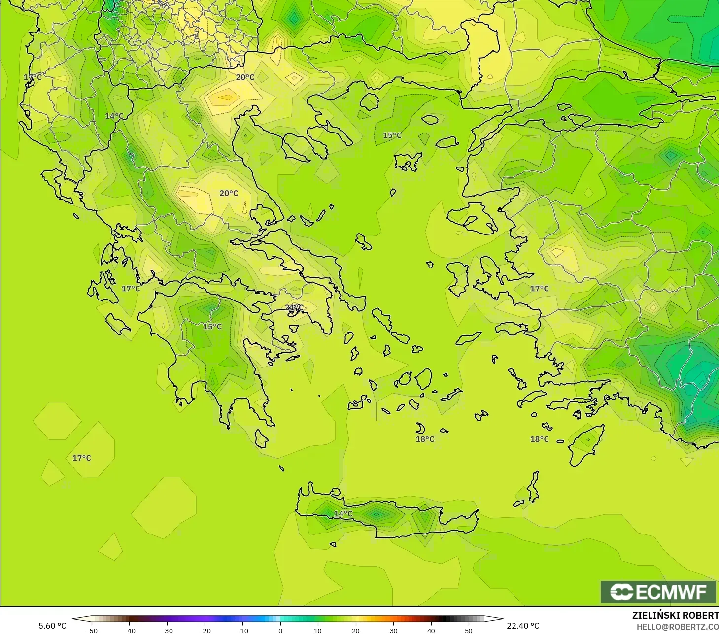 ECMWF IFS 0.25° modelo - Grecia, Temperatura a 2 m