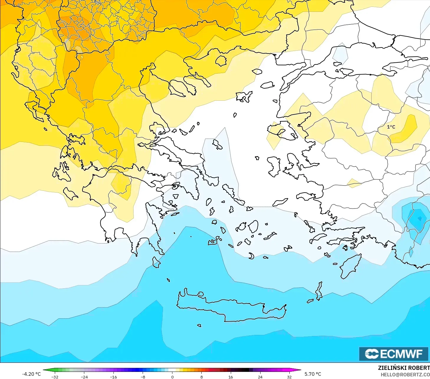ECMWF IFS 0.25° modelo - Grecia, Anomalía de temperatura a 850 hPa