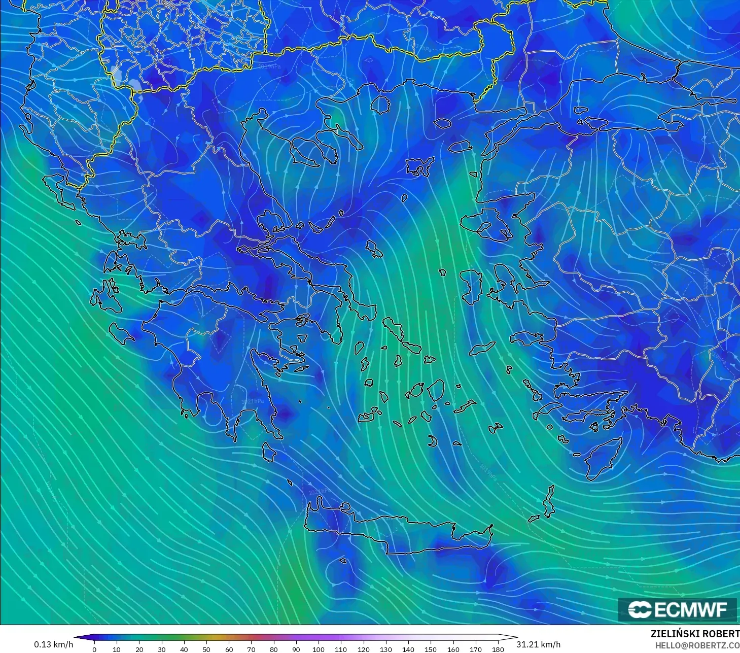 ECMWF IFS 0.25° modelo - Grecia, Viento a 10 m