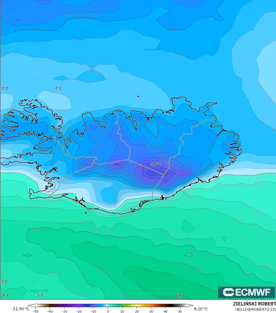 ECMWF IFS 0.25° modelo - Islandia, Punto de rocío a 2 m