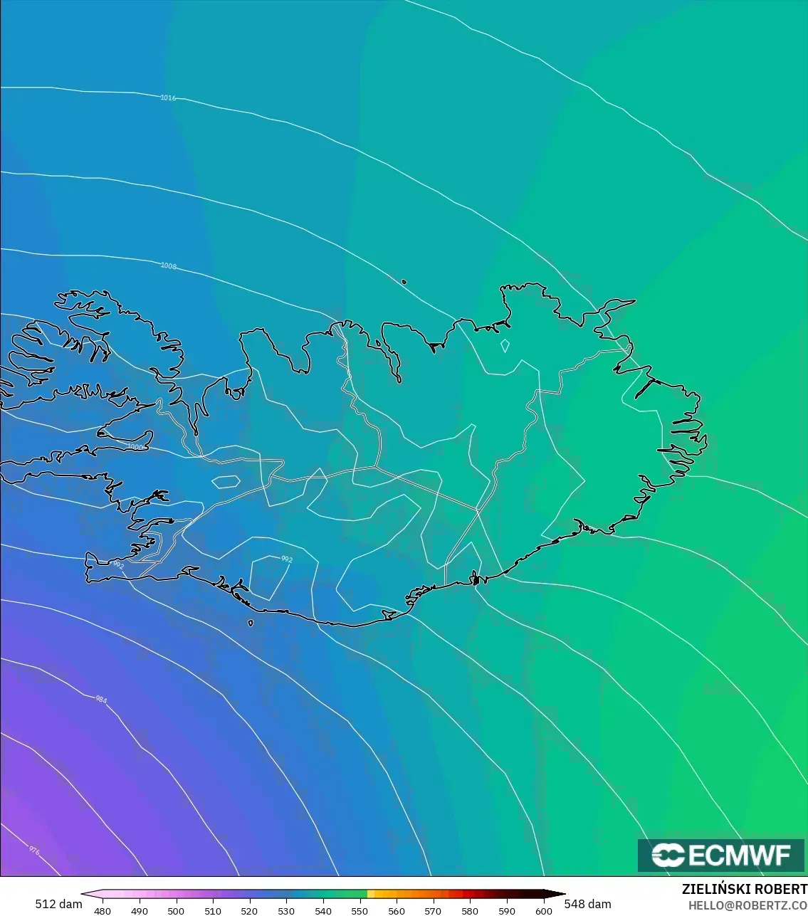ECMWF IFS 0.25° modelo - Islandia, Altura geopotencial a 500 hPa