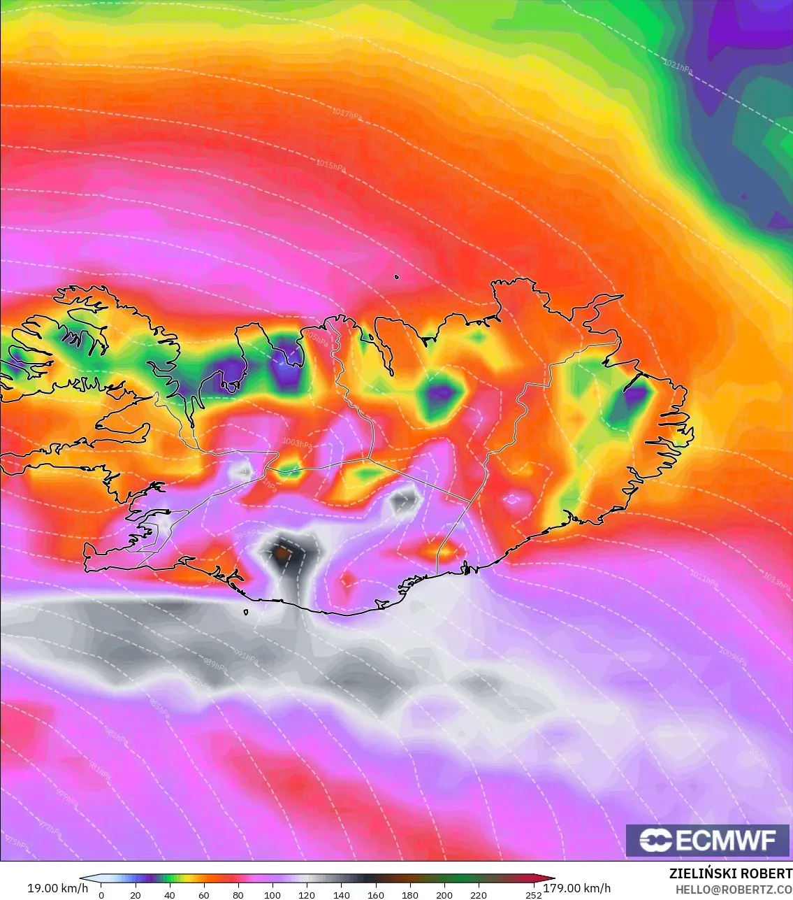 ECMWF IFS 0.25° modelo - Islandia, Ráfagas de Viento Máximas