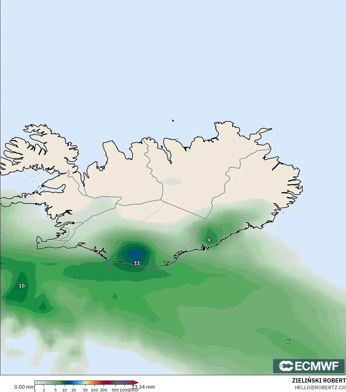 ECMWF IFS 0.25° modelo - Islandia, Acumulación de precipitación