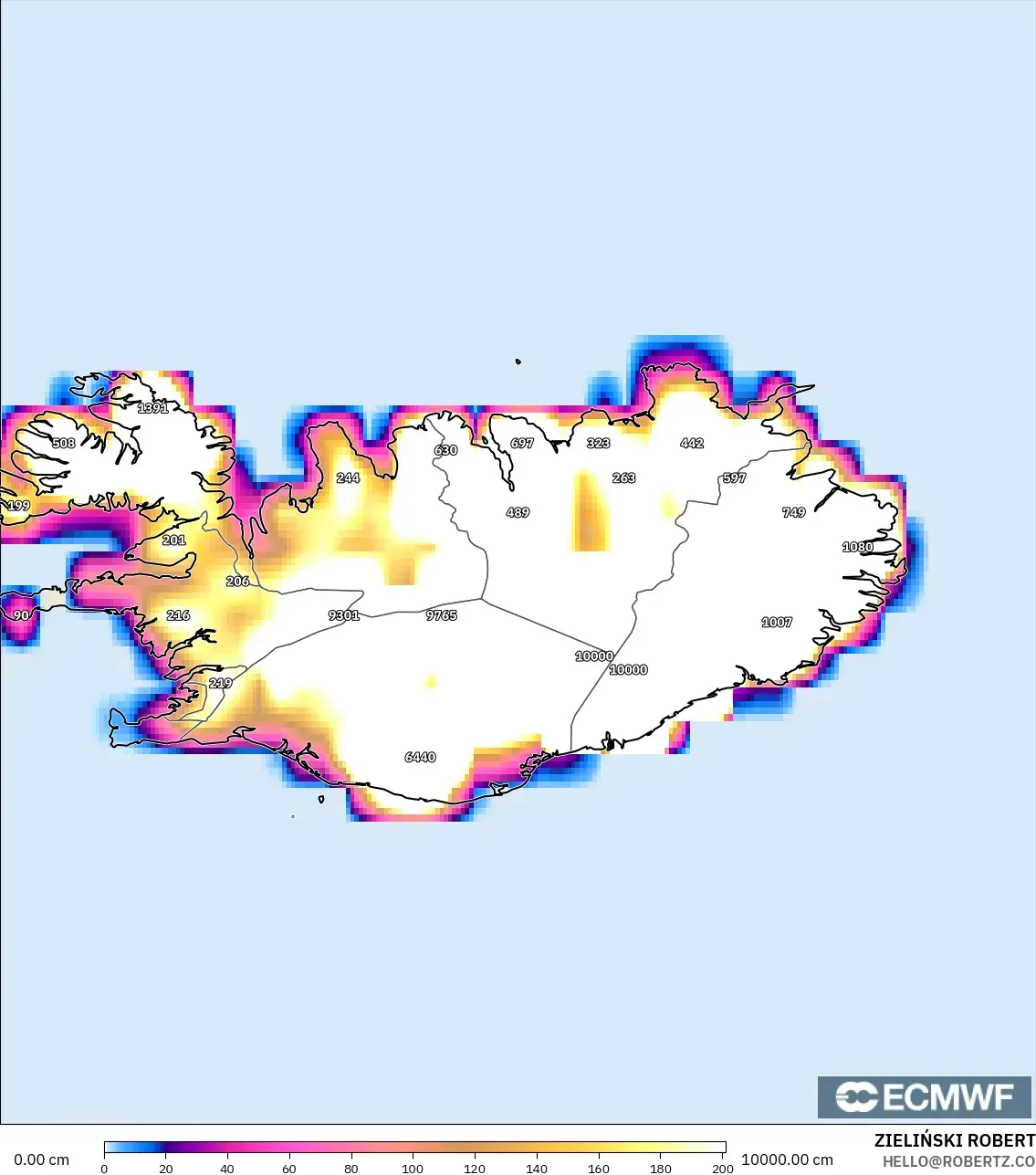 ECMWF IFS 0.25° modelo - Islandia, Profundidad de nieve