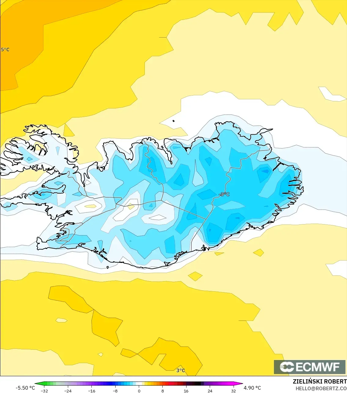 ECMWF IFS 0.25° modelo - Islandia, Anomalía de temperatura a 2 m