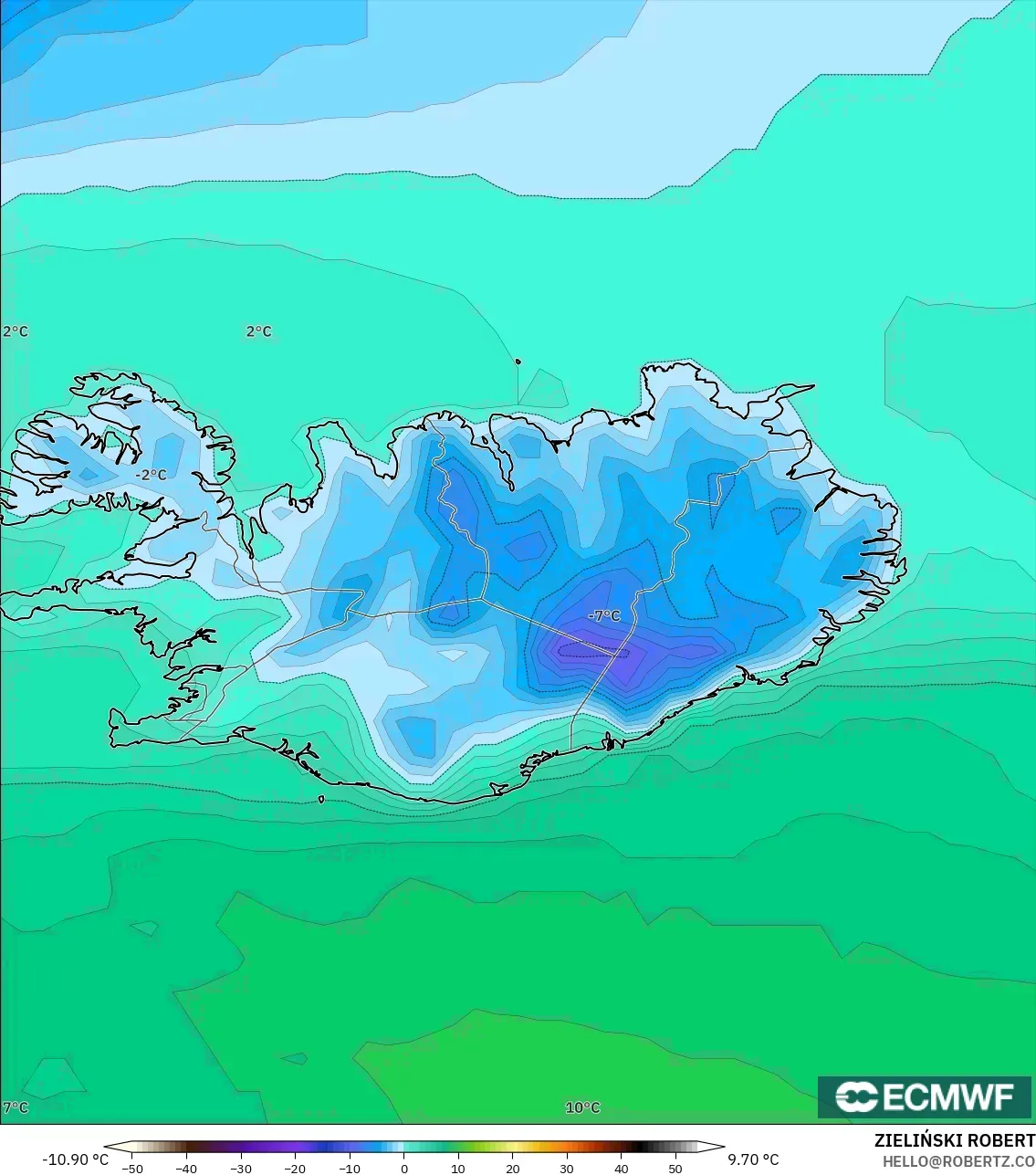 ECMWF IFS 0.25° modelo - Islandia, Temperatura a 2 m