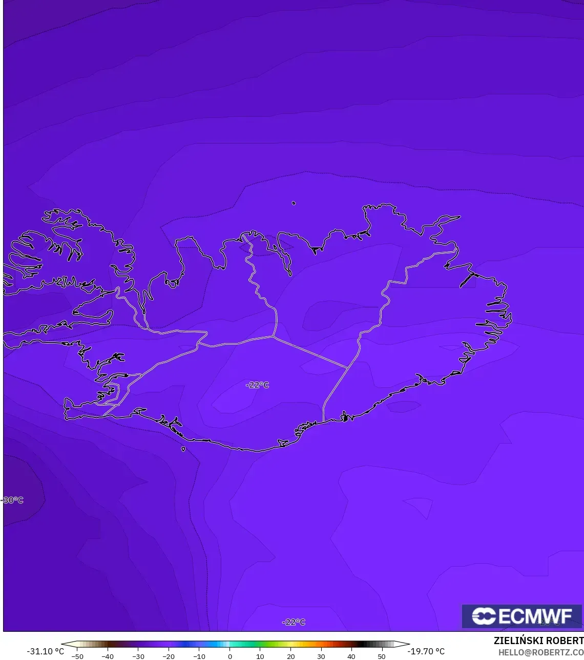 ECMWF IFS 0.25° modelo - Islandia, Temperatura a 500 hPa