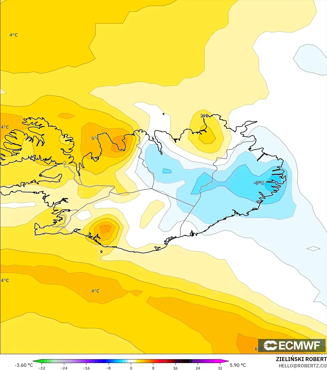 ECMWF IFS 0.25° modelo - Islandia, Anomalía de temperatura a 850 hPa
