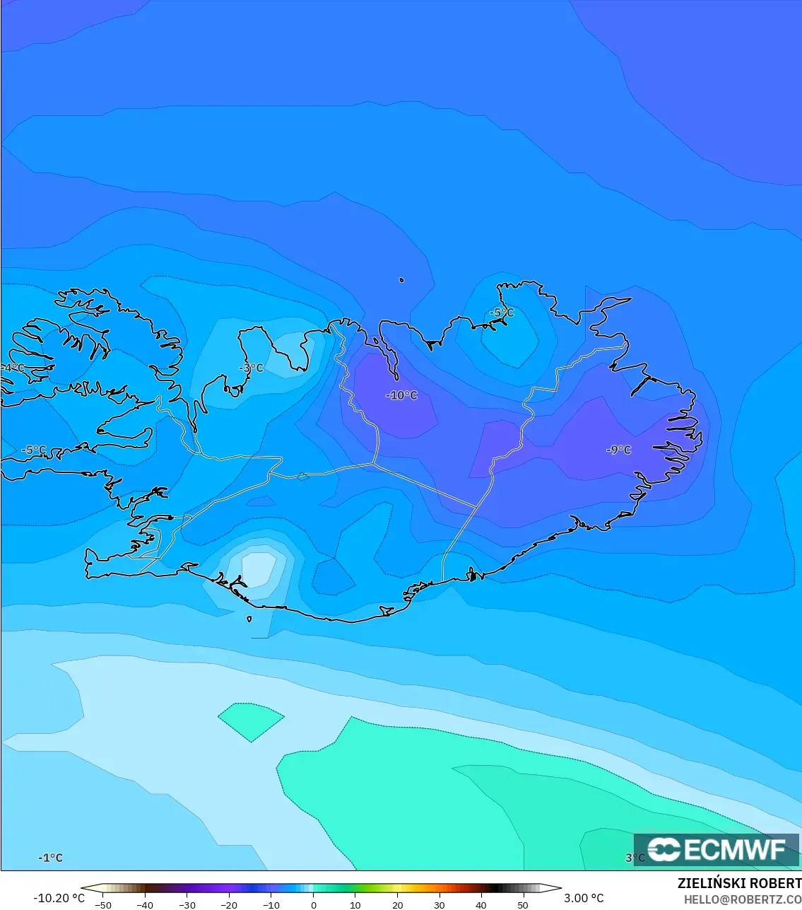 ECMWF IFS 0.25° modelo - Islandia, Temperatura a 850 hPa