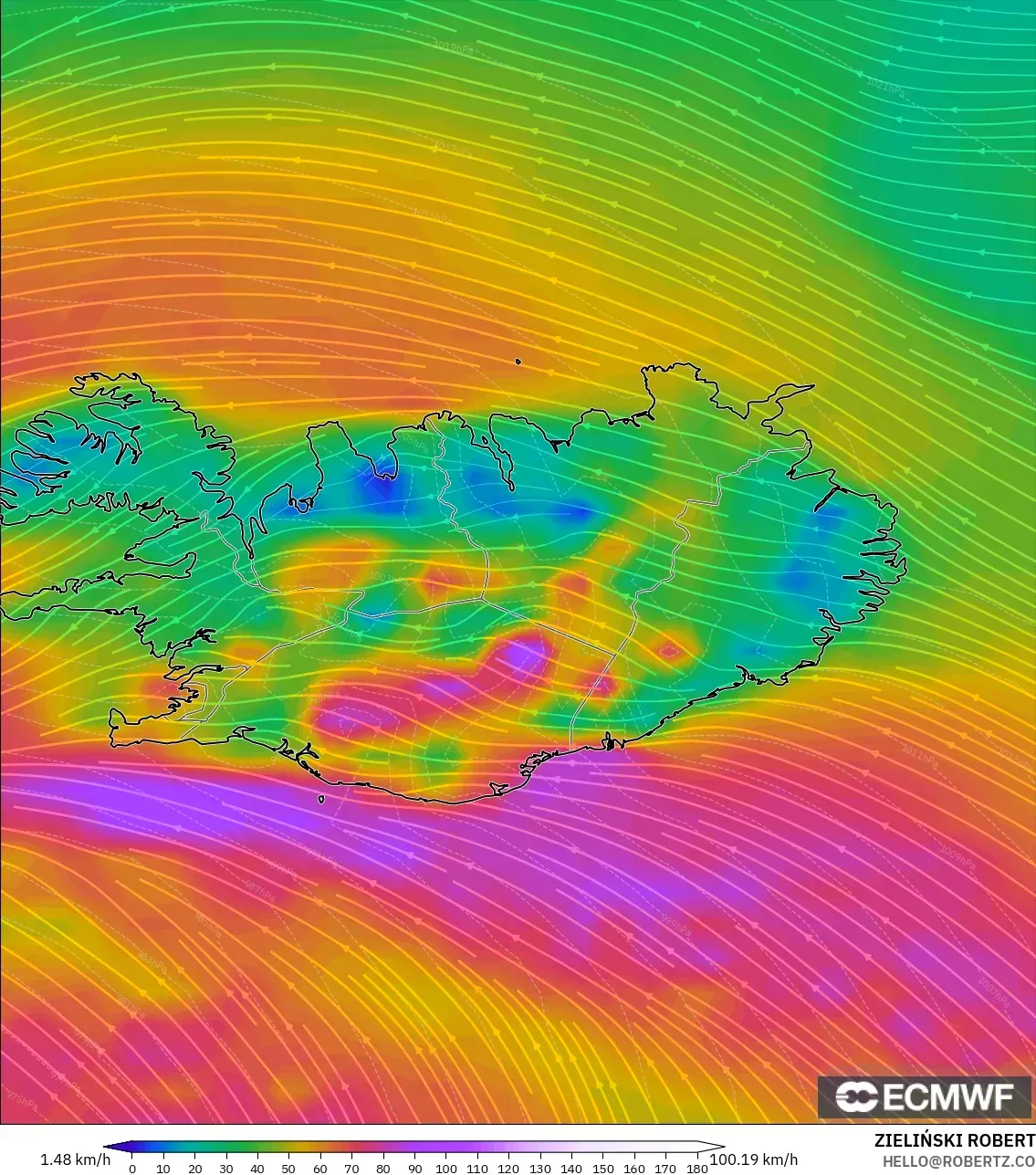 ECMWF IFS 0.25° modelo - Islandia, Viento a 10 m