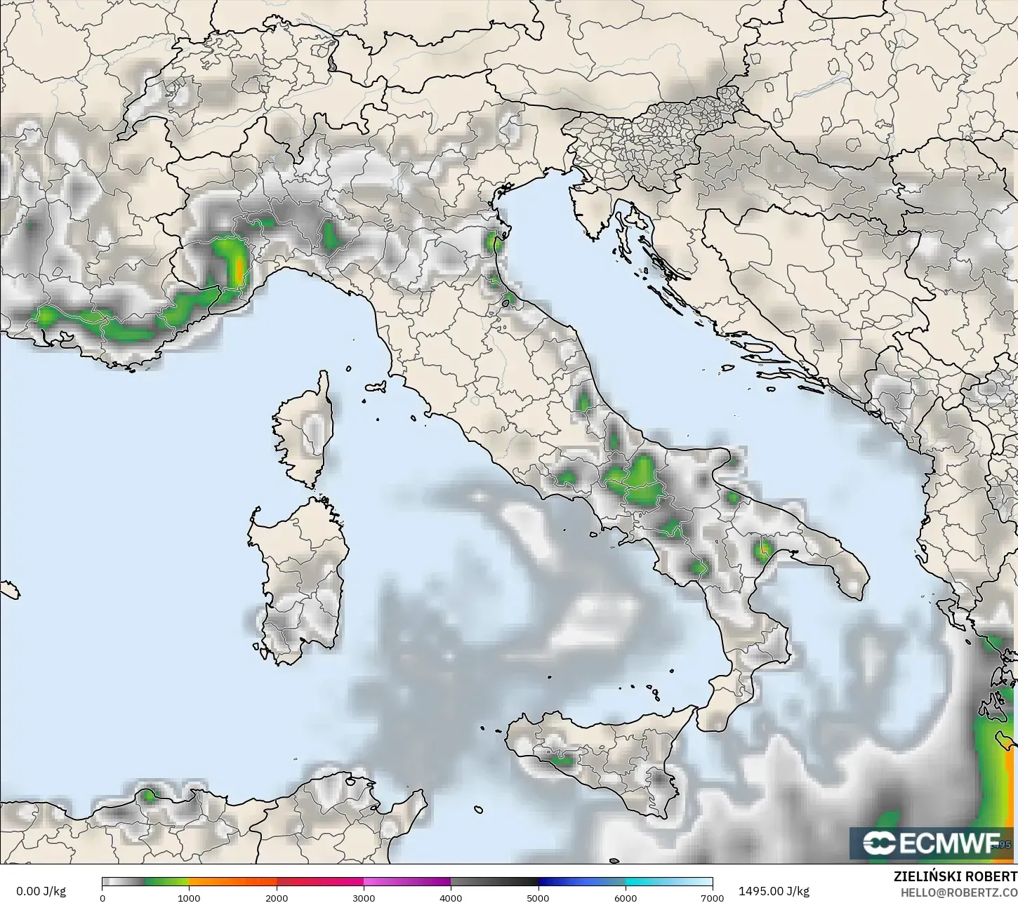 ECMWF IFS 0.25° modelo - Italia, CAPE
