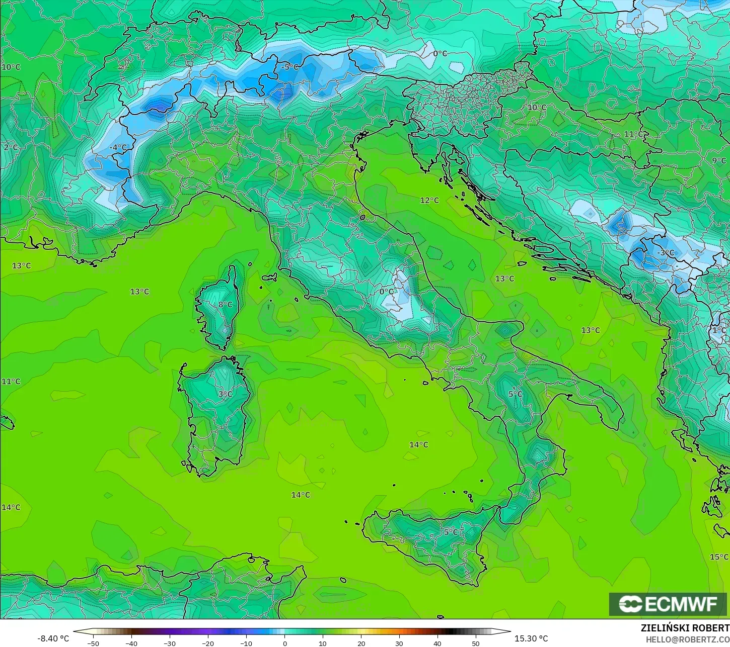 ECMWF IFS 0.25° modelo - Italia, Punto de rocío a 2 m