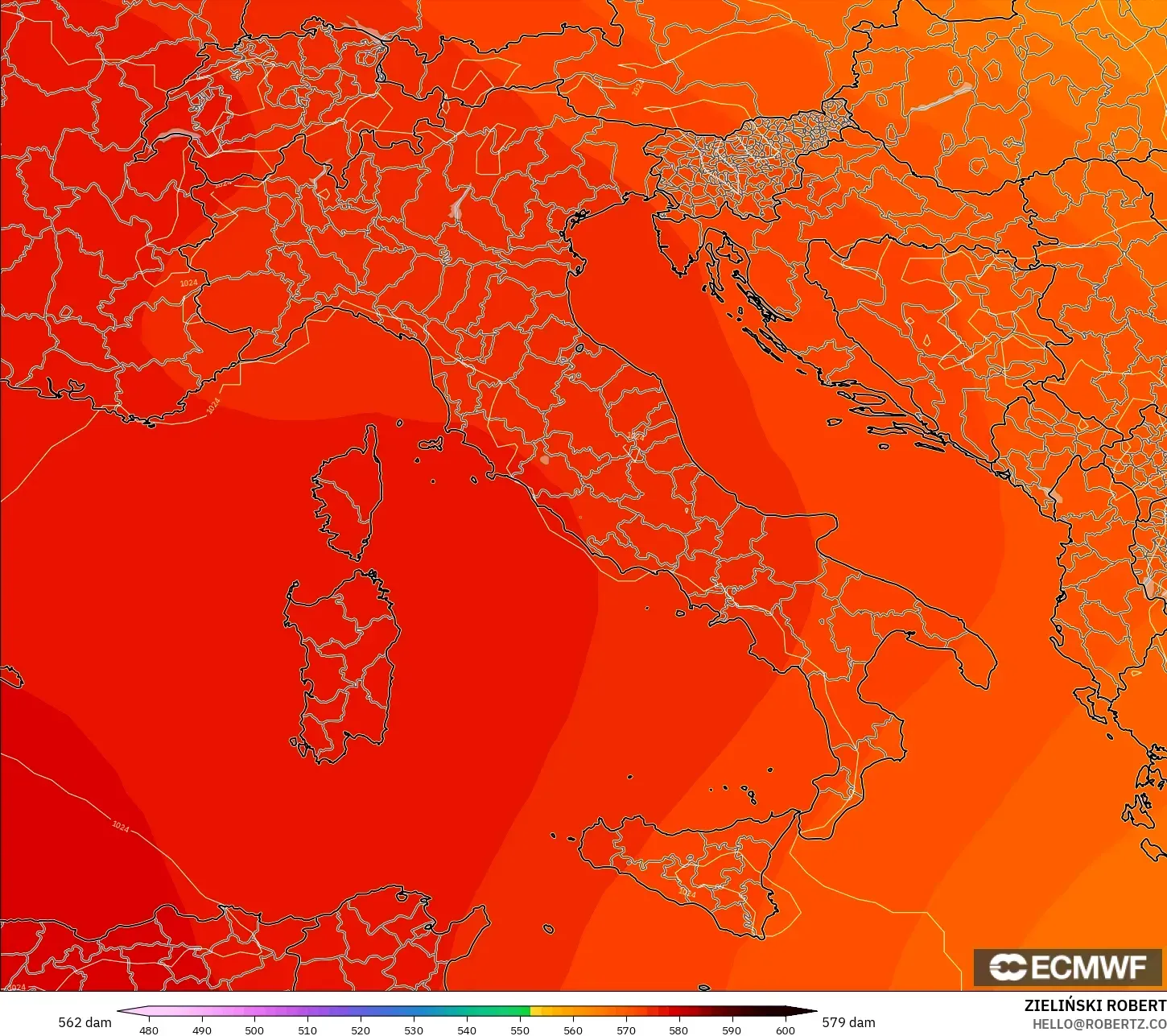 ECMWF IFS 0.25° modelo - Italia, Altura geopotencial a 500 hPa
