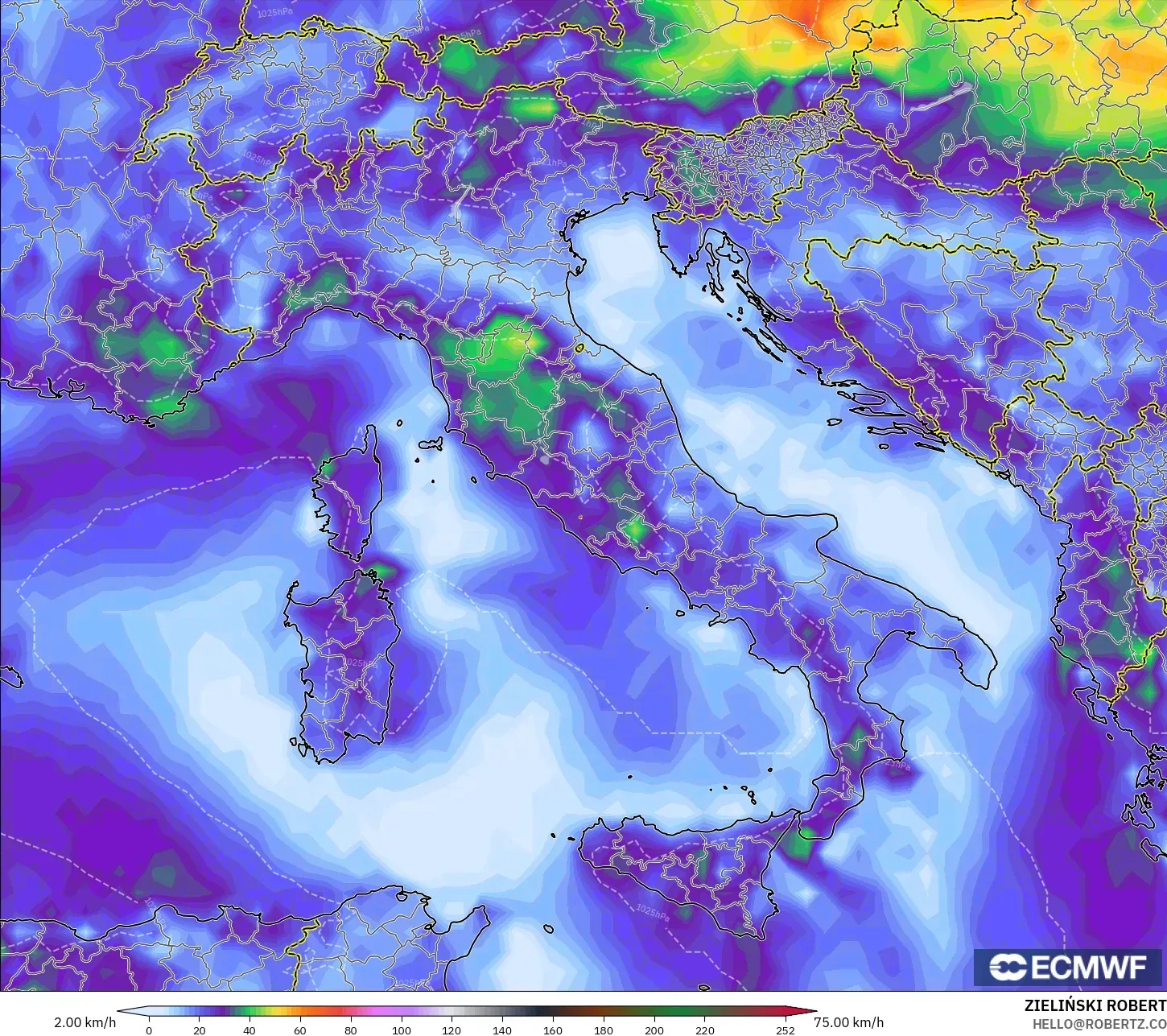 ECMWF IFS 0.25° modelo - Italia, Ráfagas de viento