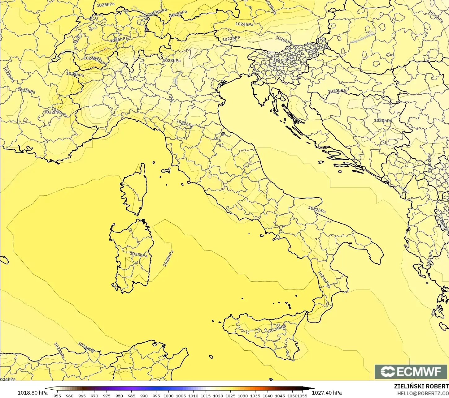 ECMWF IFS 0.25° modelo - Italia, Presión