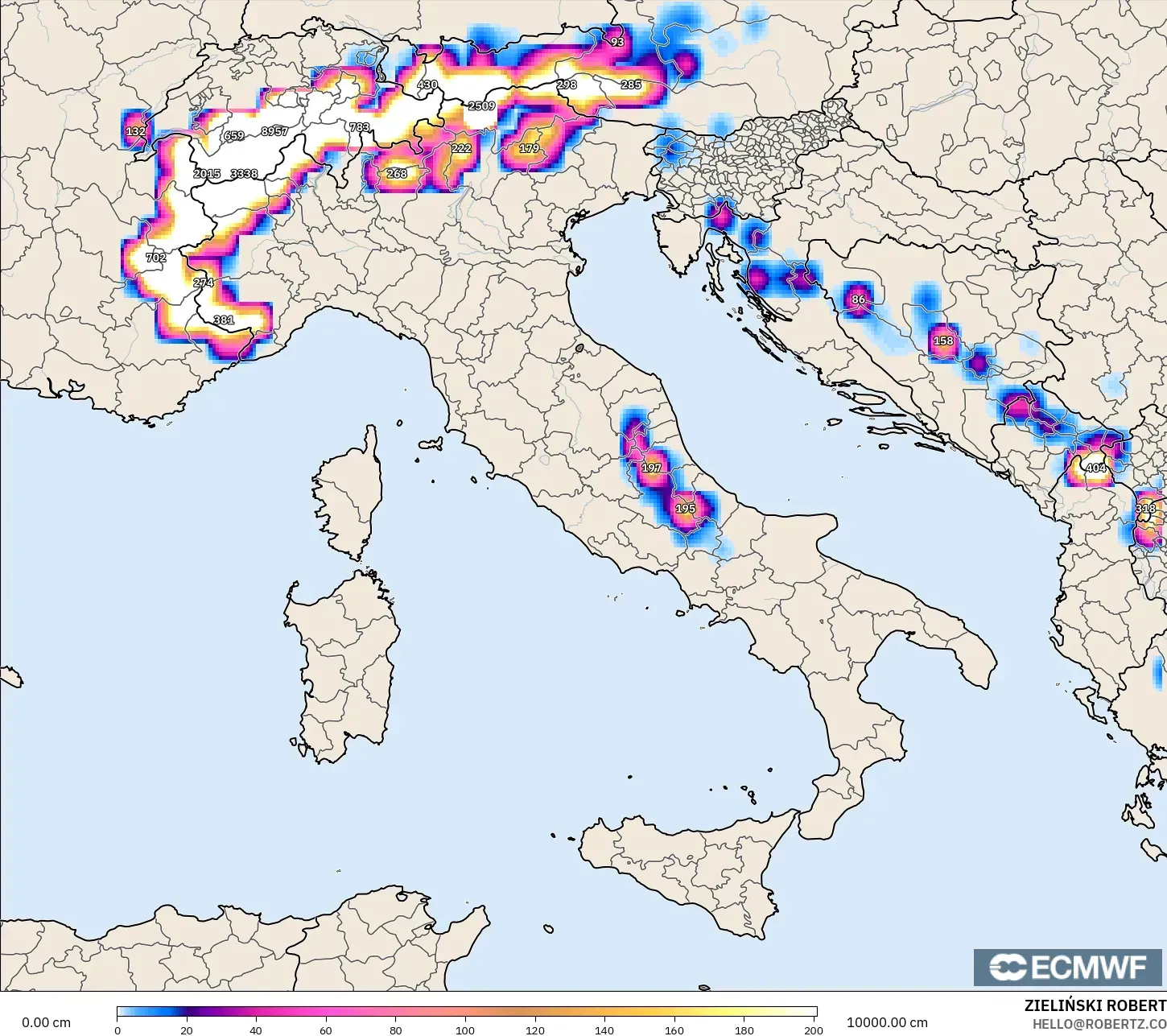 ECMWF IFS 0.25° modelo - Italia, Profundidad de nieve