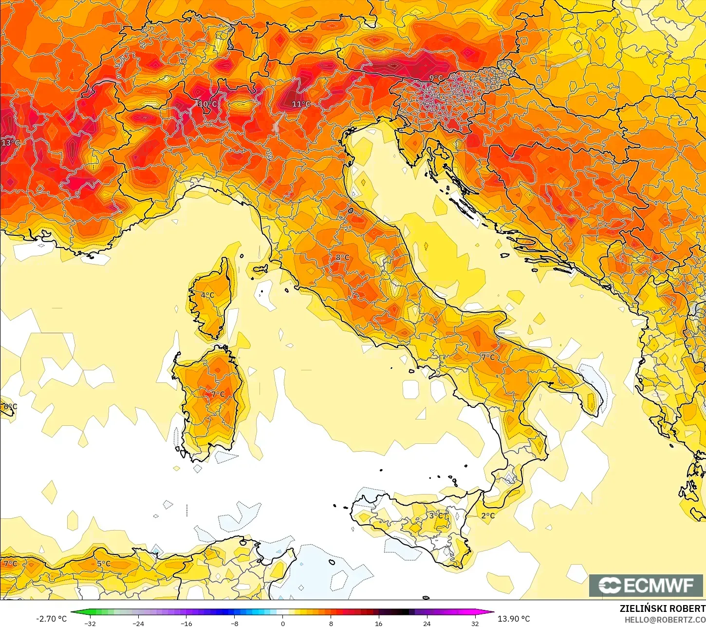 ECMWF IFS 0.25° modelo - Italia, Anomalía de temperatura a 2 m