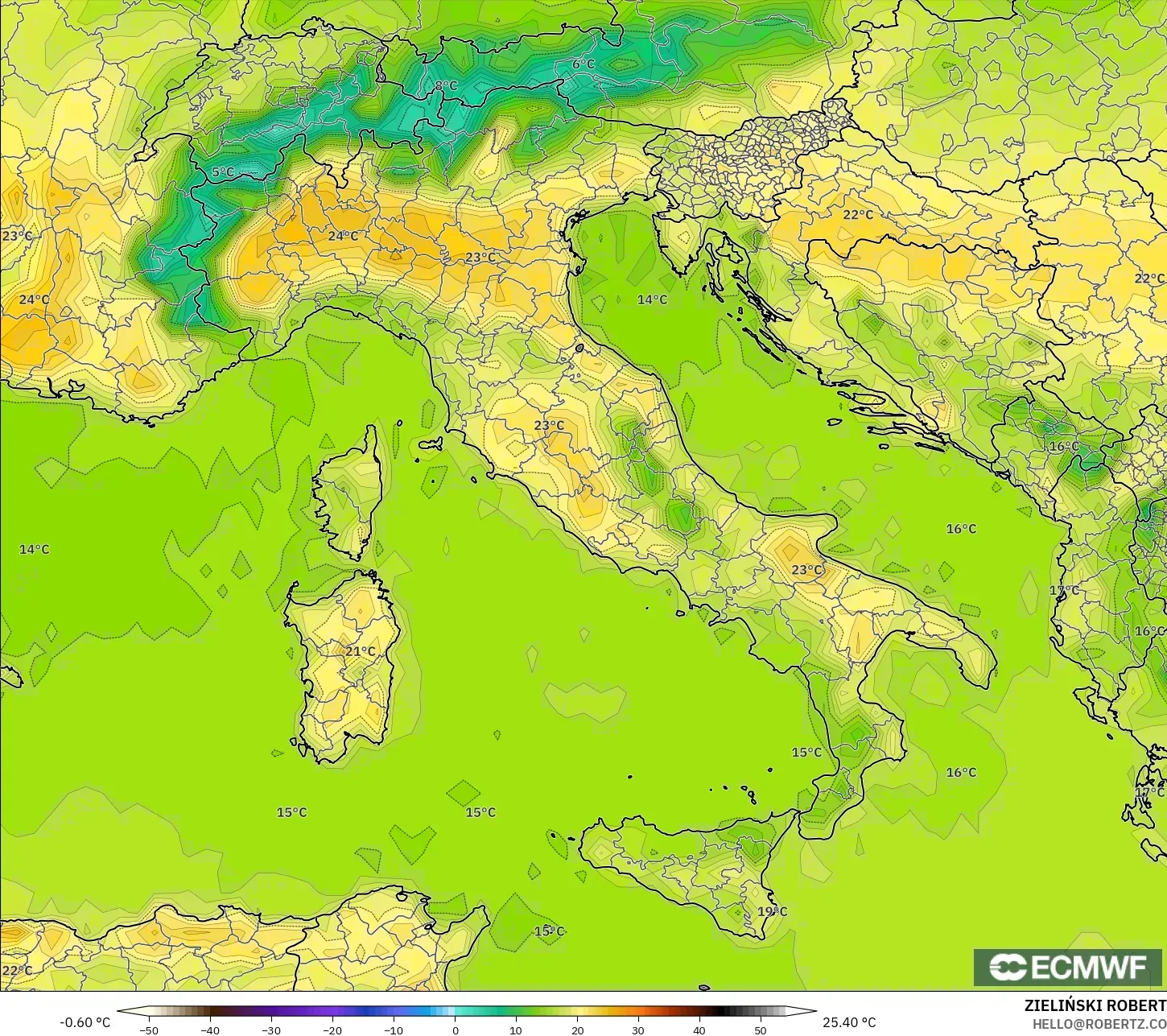 ECMWF IFS 0.25° modelo - Italia, Temperatura a 2 m